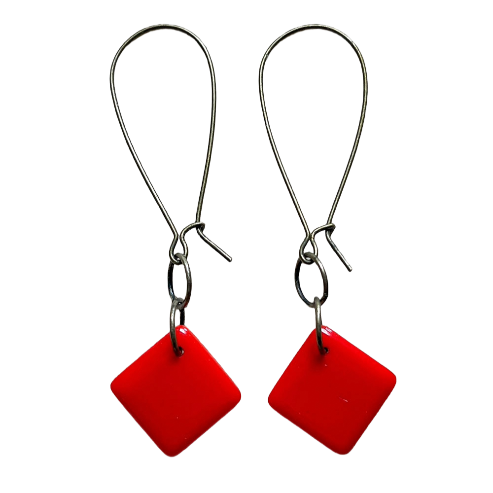 Boho Chic Red Diamond-Shaped Dangling Earrings with Antique Brass Kidney Earwires