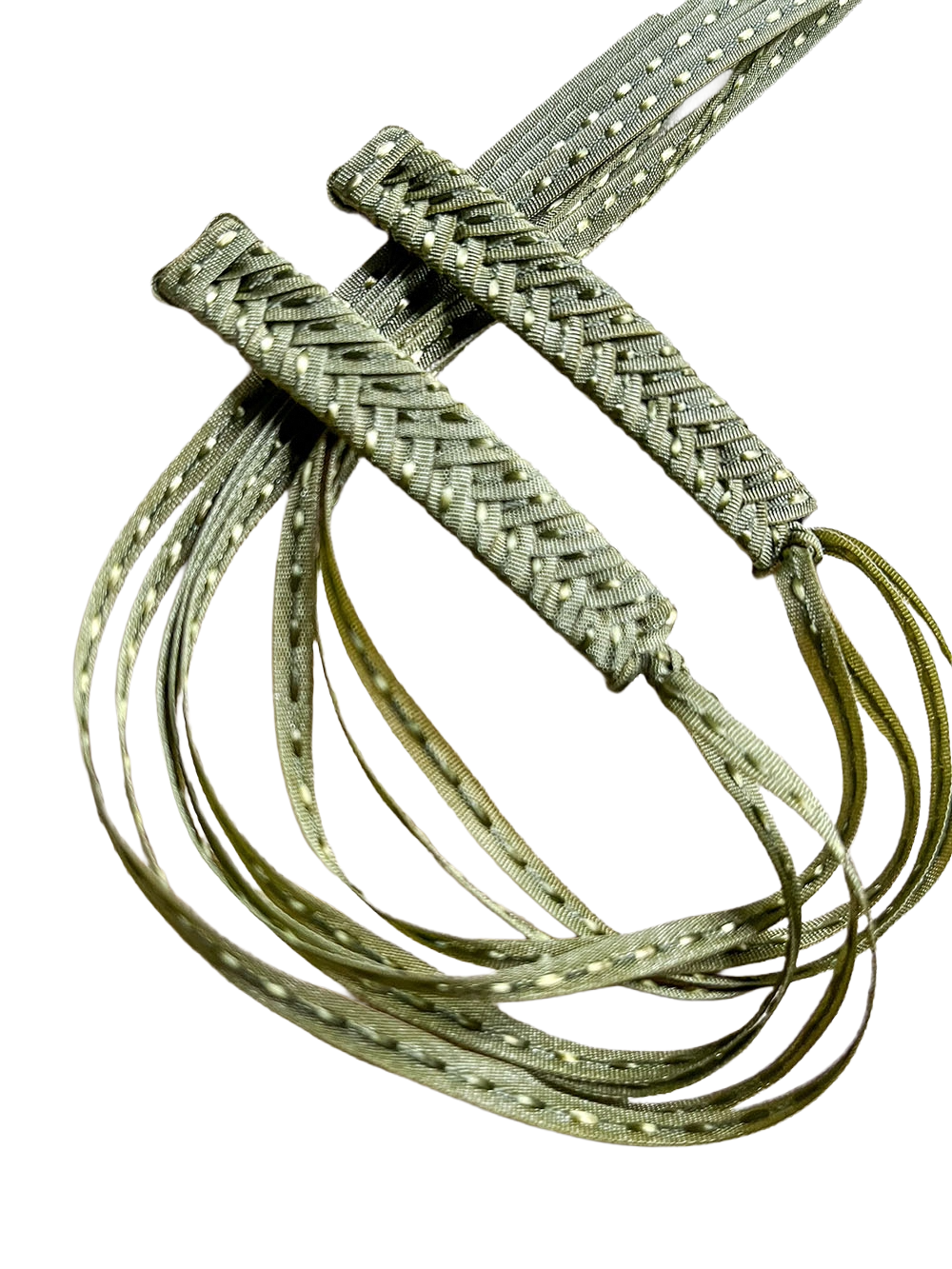 1980s Style Braided Ribbon Barrettes with Olive Green Dots Thin Grosgrain Ribbons (Handmade)