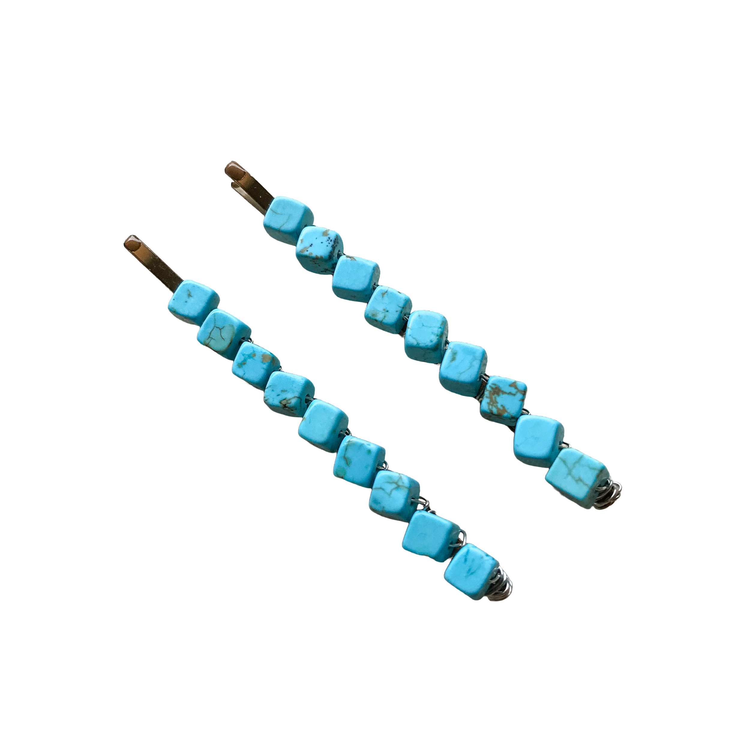 Turquoise Cubes - Beaded and Wire Wrapped Bobby Pins (Large-Size) with Turquoise Cube Shaped Beads