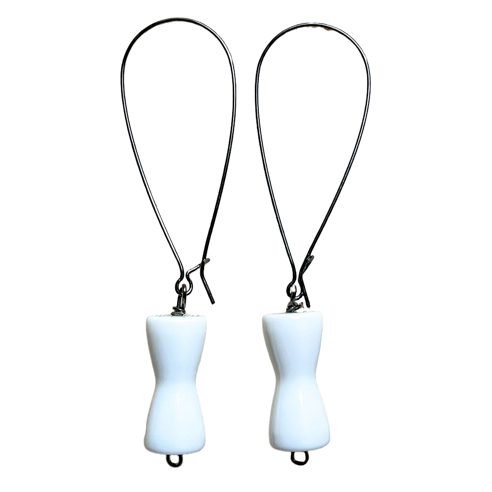 White Hourglass-Shaped Dangling Earrings with Gunmetal Kidney Earwires