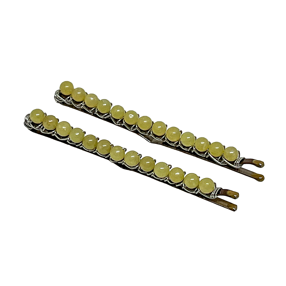 Korean Jade (Light Green) Beaded & Wire Wrapped Bobby Pins with Round Beads (Large-Size)