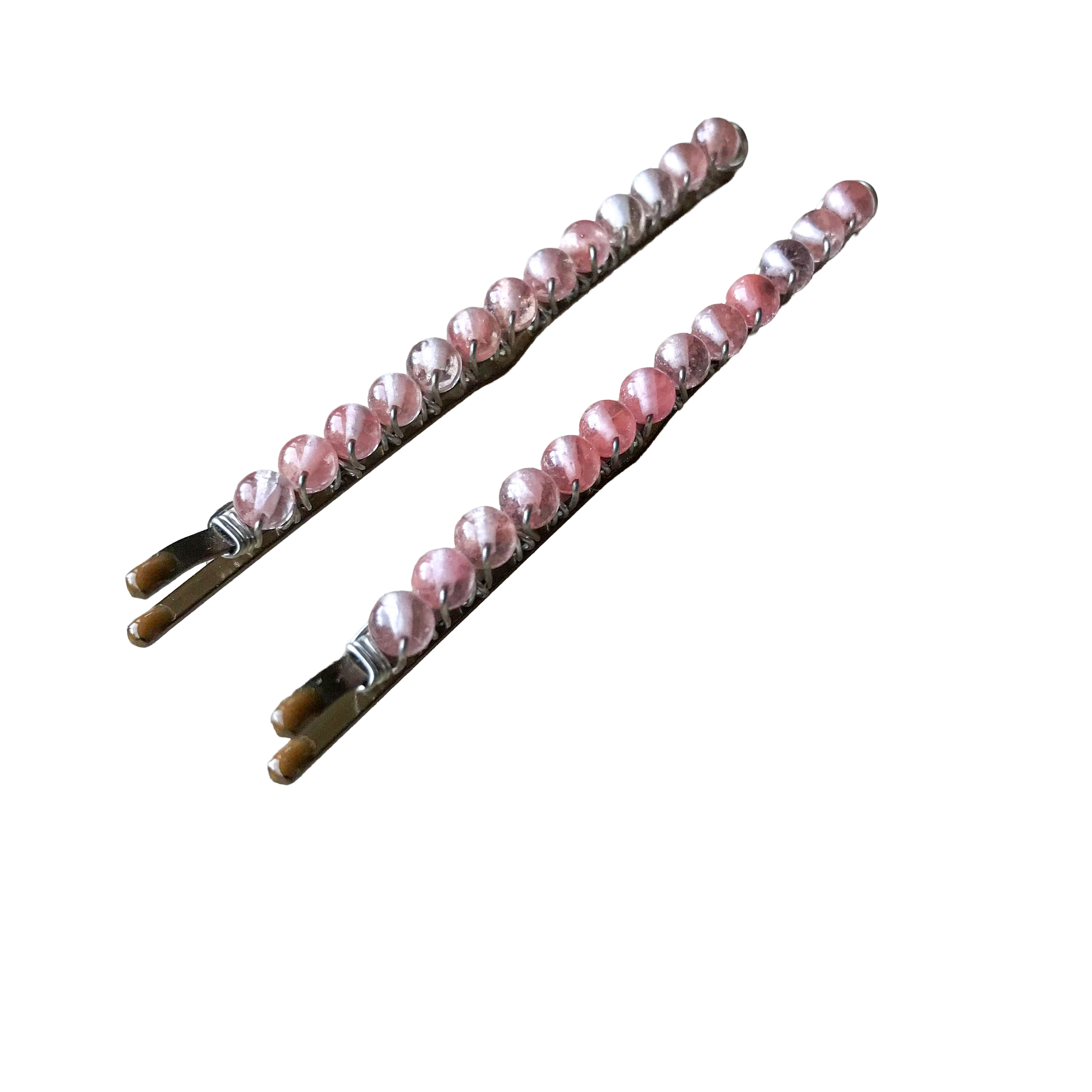 Pink Translucent Beaded Bobby Pins with Silver Wire Wrap (Large-Size)