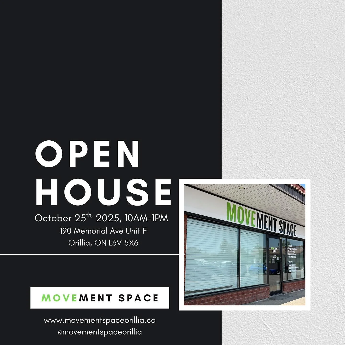 OPEN HOUSE - OCTOBER 25/25

@orillia_athletics 
@panthea.rmt 
@tab_fit_ 
@fitnesswithdanyah 
@brittneylevesque 
@frominsidethetoadsbelly 
@katinthehut 
@sangeethajeyaaa 

#movementspace #personaltraining #massagetherapist #osteopaths #yoga #acupunctu