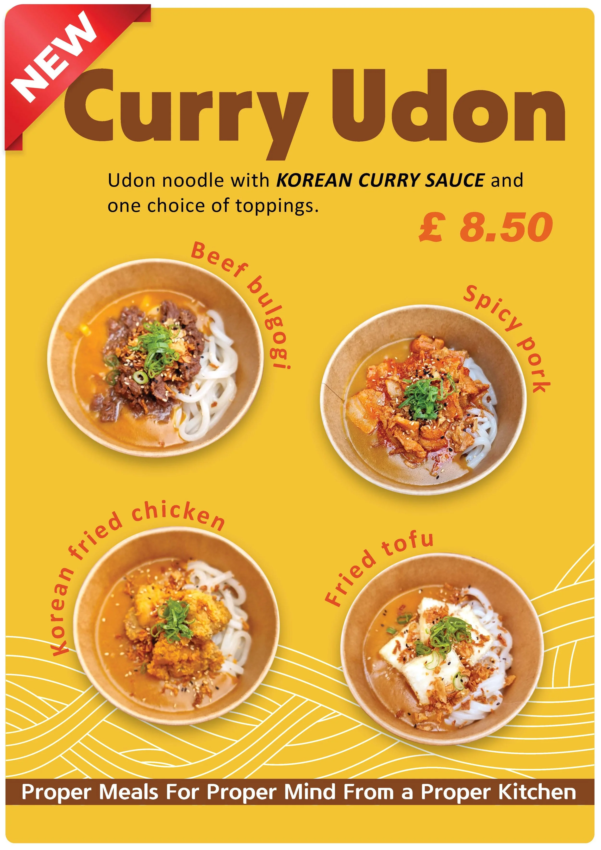 Menu poster for Curry Udon featuring four options: Beef Bulgogi, Spicy Pork, Korean Fried Chicken, and Fried Tofu, priced at £8.50 each.