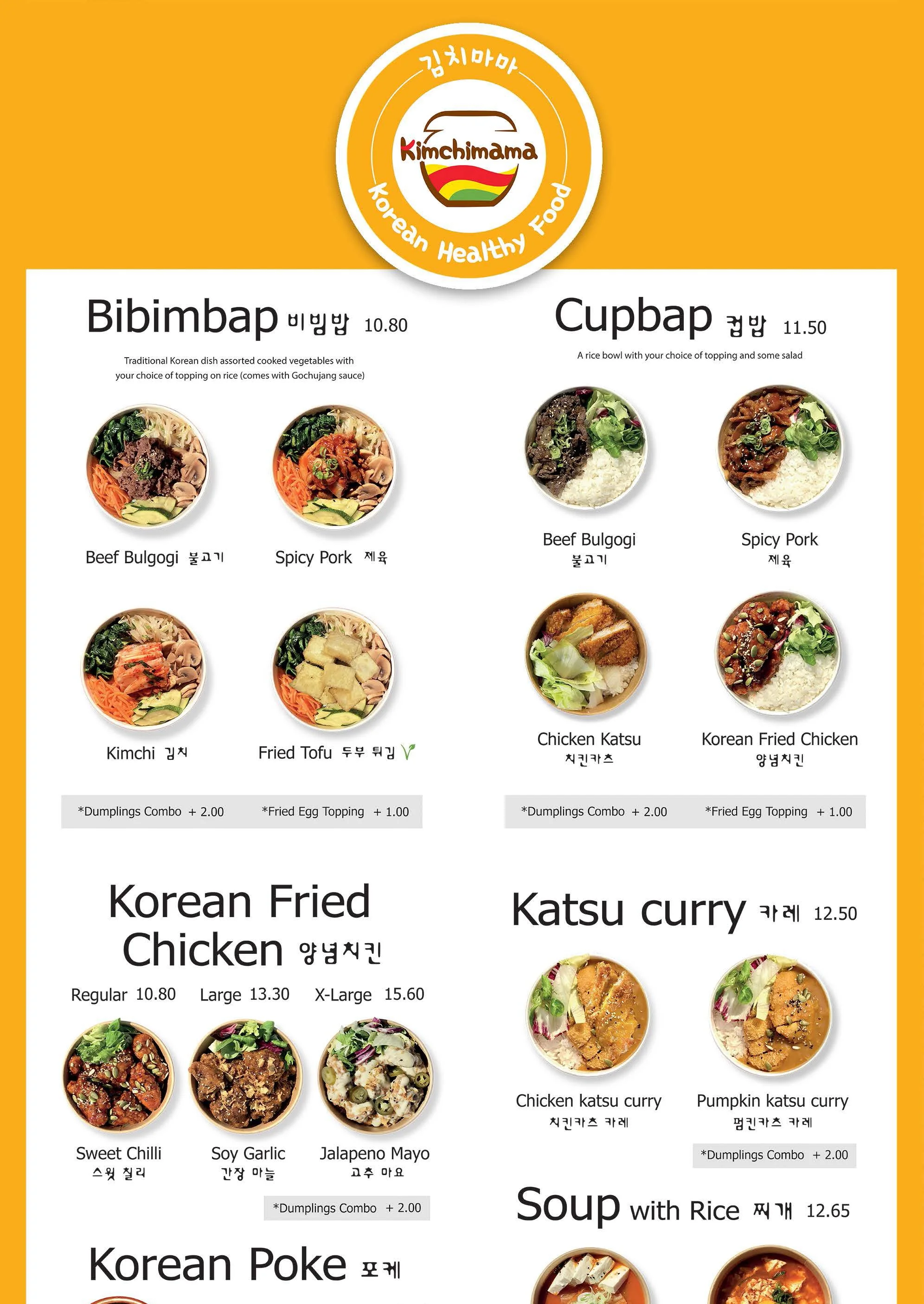 Menu featuring Korean dishes such as Bibimbap, Cupbap, Korean Fried Chicken, Katsu Curry, and Soup with Rice, with prices and images of each dish.