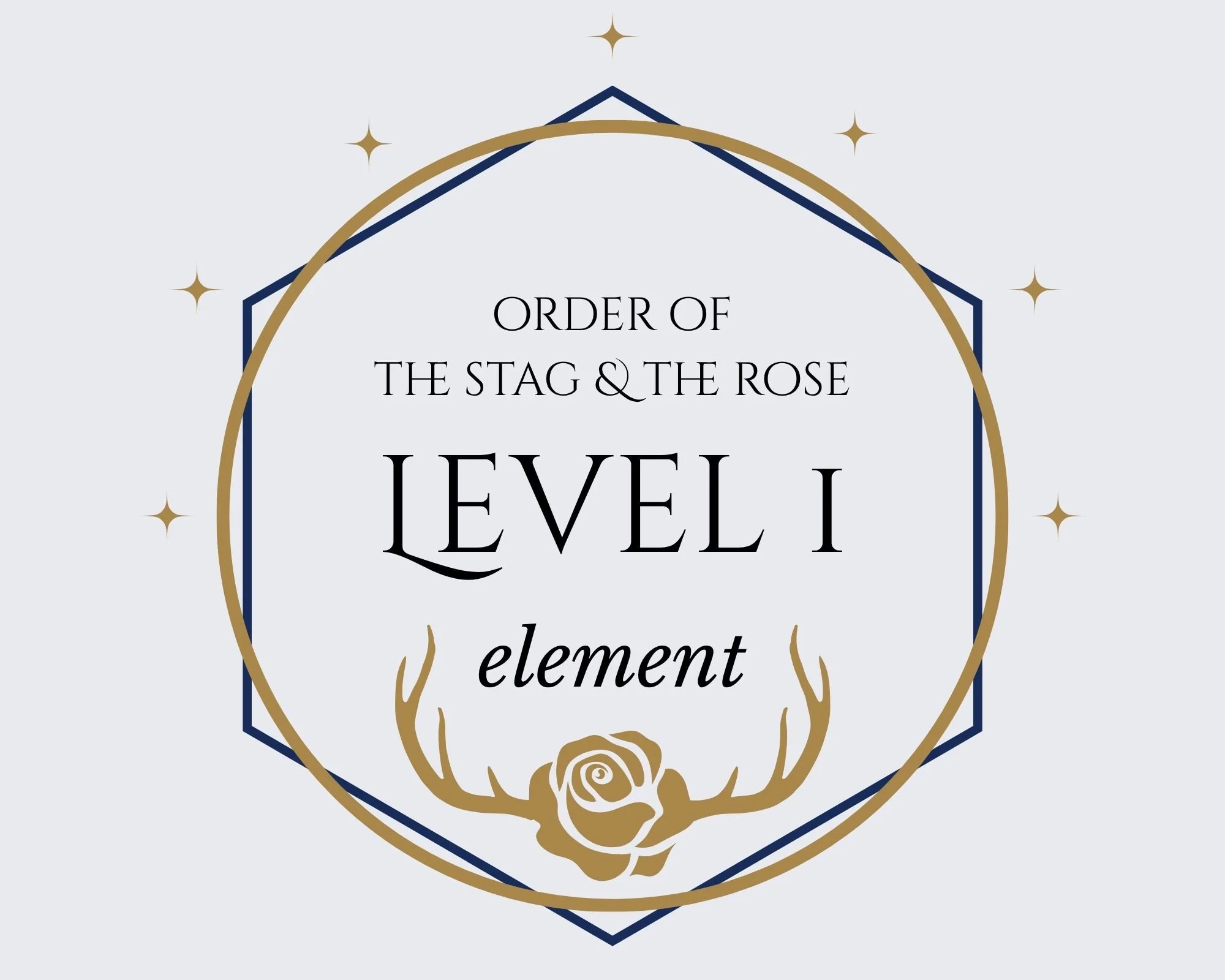 Decorative emblem with a rose and antlers design,  'Order of the Stag & the Rose, Level 1, element' Priestess Training with Faelan Shiva