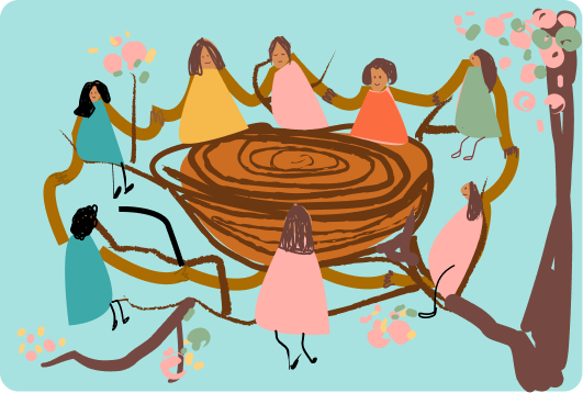 A group of women and children holding hands and dancing in a circle around a large wooden stump, with trees and flowers in the background.
