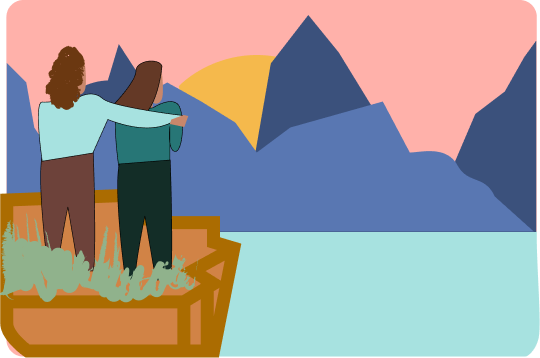 Two people standing together on a boat, overlooking a mountain landscape with a large sun setting behind the peaks.