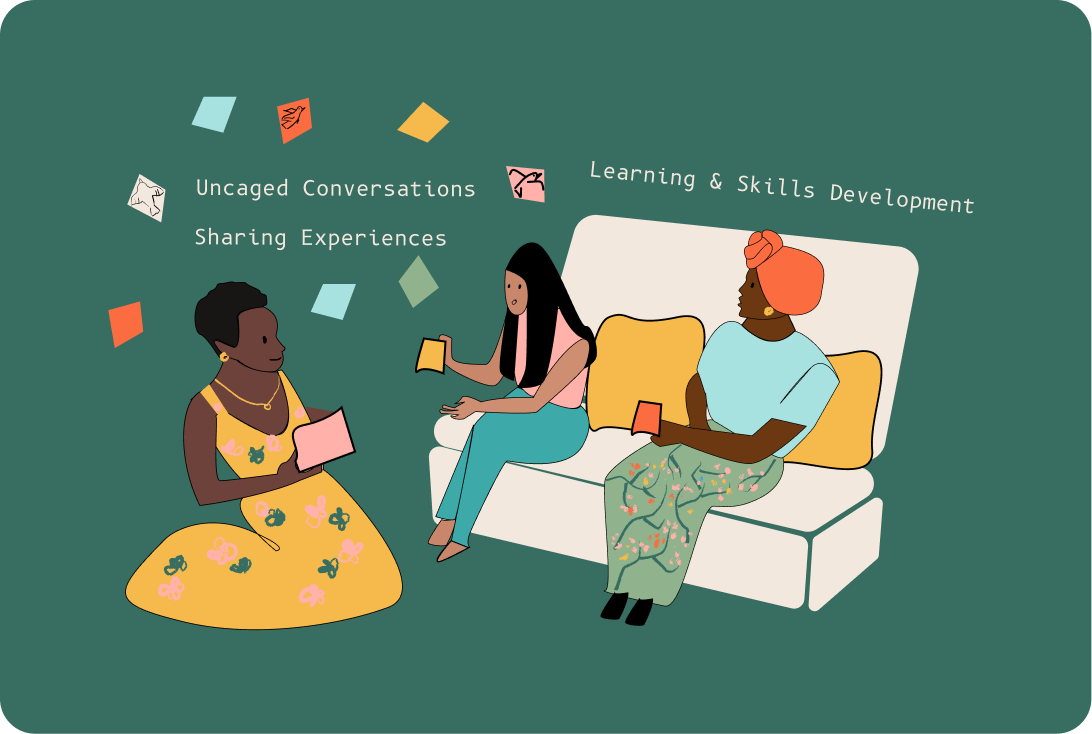 Three women engaging in a conversation, sitting on a couch and a floor cushion, with colorful paper notes floating around, representing uncaged conversations, sharing experiences, and learning and skills development.