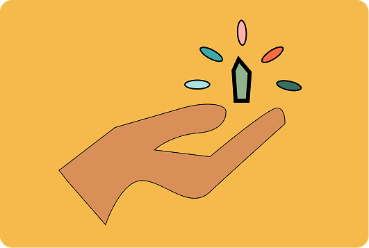Line drawing of a hand holding a small candle with colorful flames on a yellow background.