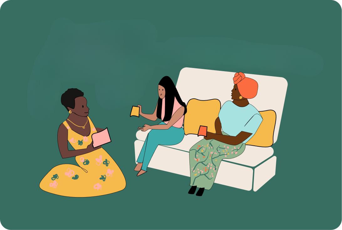 Three women engaging in a conversation, sitting on a couch and a floor cushion, with colorful paper notes floating around, representing uncaged conversations, sharing experiences, and learning and skills development.