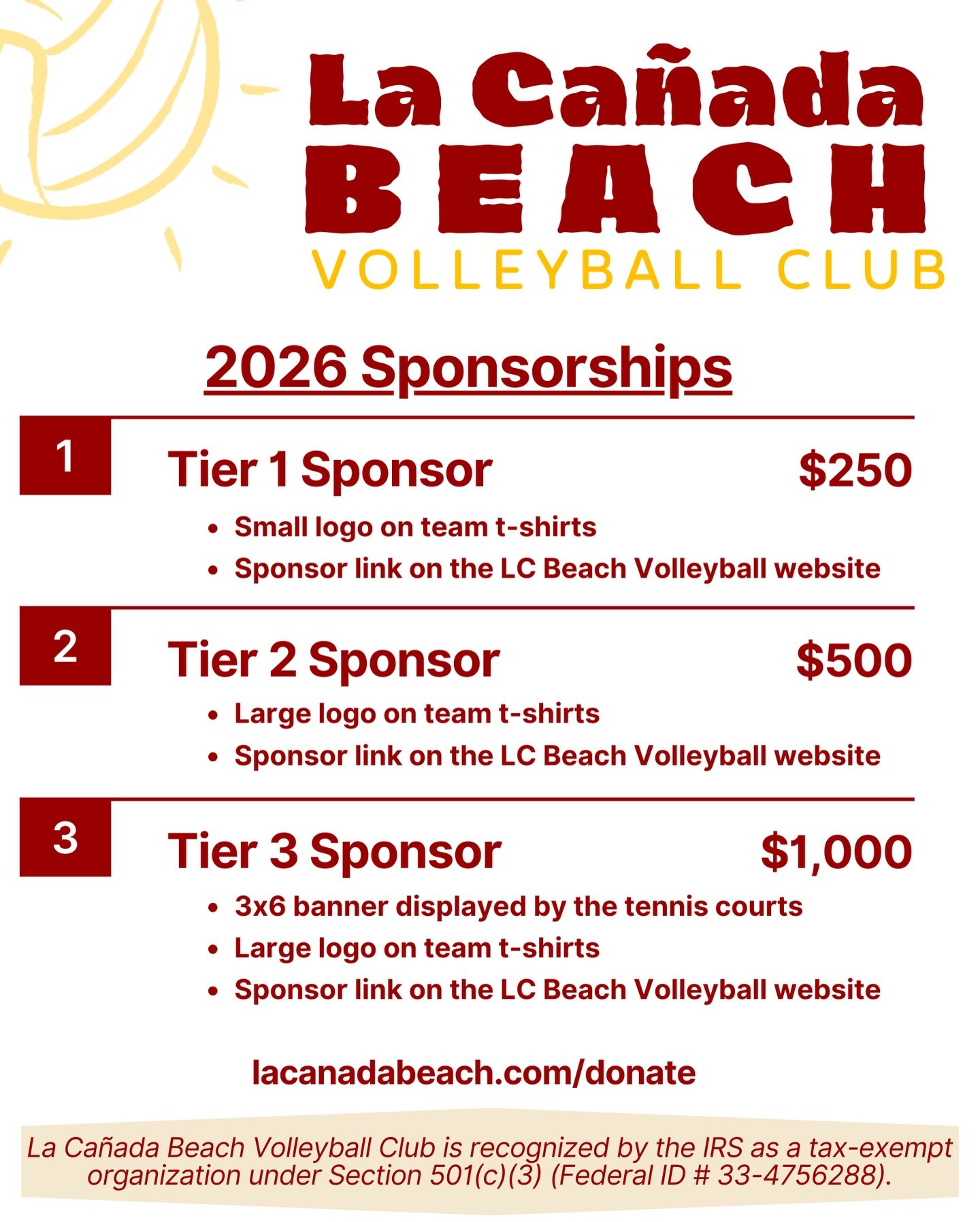 This year is our first time opening up sponsorships to both companies and families, and we&rsquo;re really excited about it!! We&rsquo;re looking for support to help with ongoing court maintenance, new equipment and materials, practice gear for playe