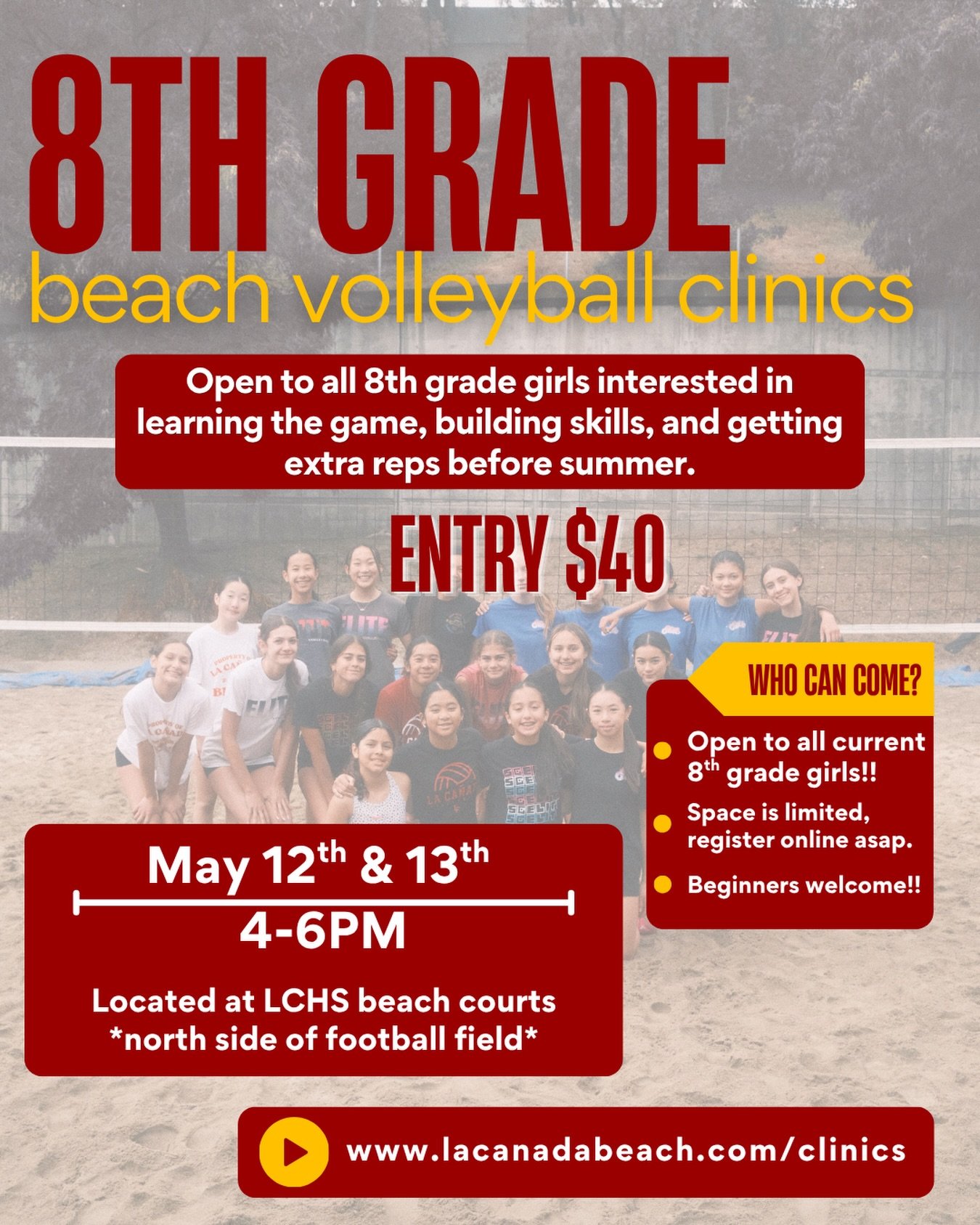 Come get sandy, learn the game, meet new people, and get reps in before summer!! See you this Tuesday / Wednesday, 8th graders 🥳