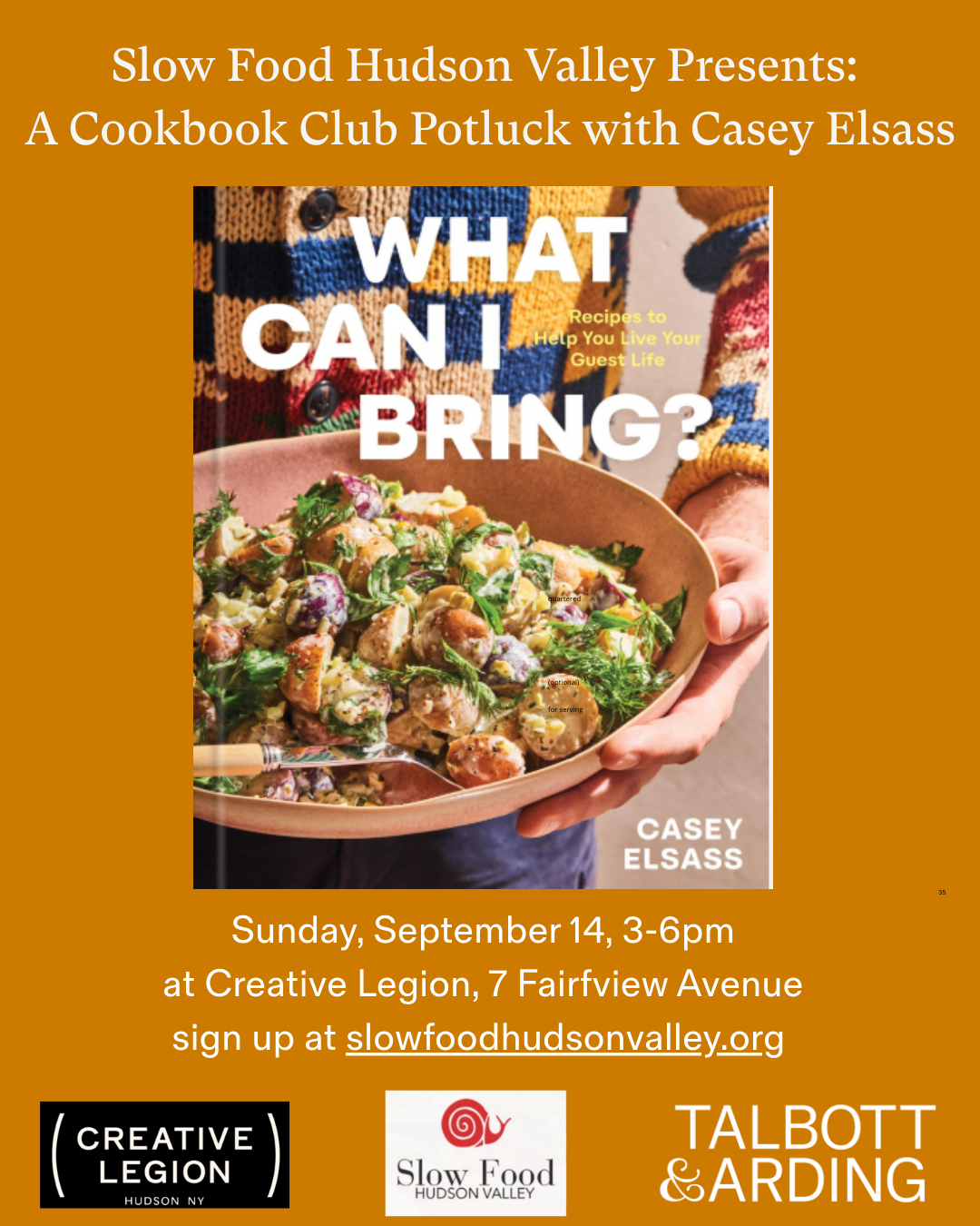 SLOW FOOD HUDSON VALLEY/TALBOTT & ARDING, CASEY ELSASS, COOKBOOK CLUB POTLUCK