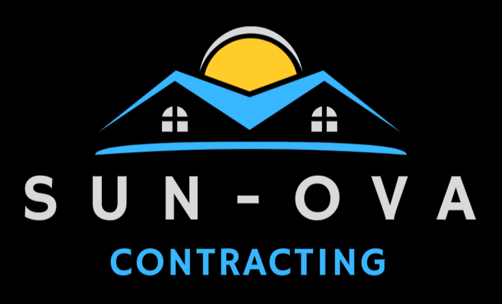 Logo of Sun-Ova Contracting from Calgary, Alberta featuring a yellow sun rising behind blue houses with windows, and the company name in gray and blue text. This company installs, repairs, and replaces exterior siding.