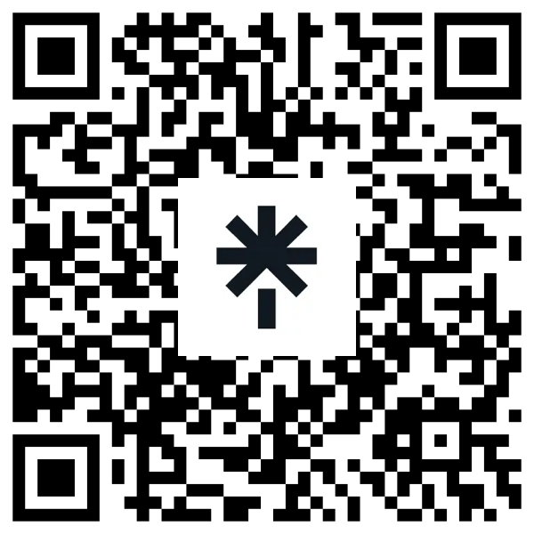 A QR code with a black asterisk-like symbol in the center.