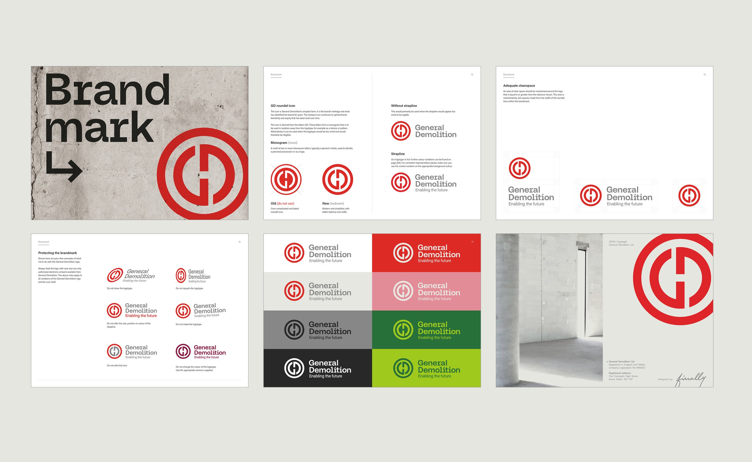 Collage of branding guidelines for "General Demolition" featuring logos, color variations, and brand rules on layout and usage.