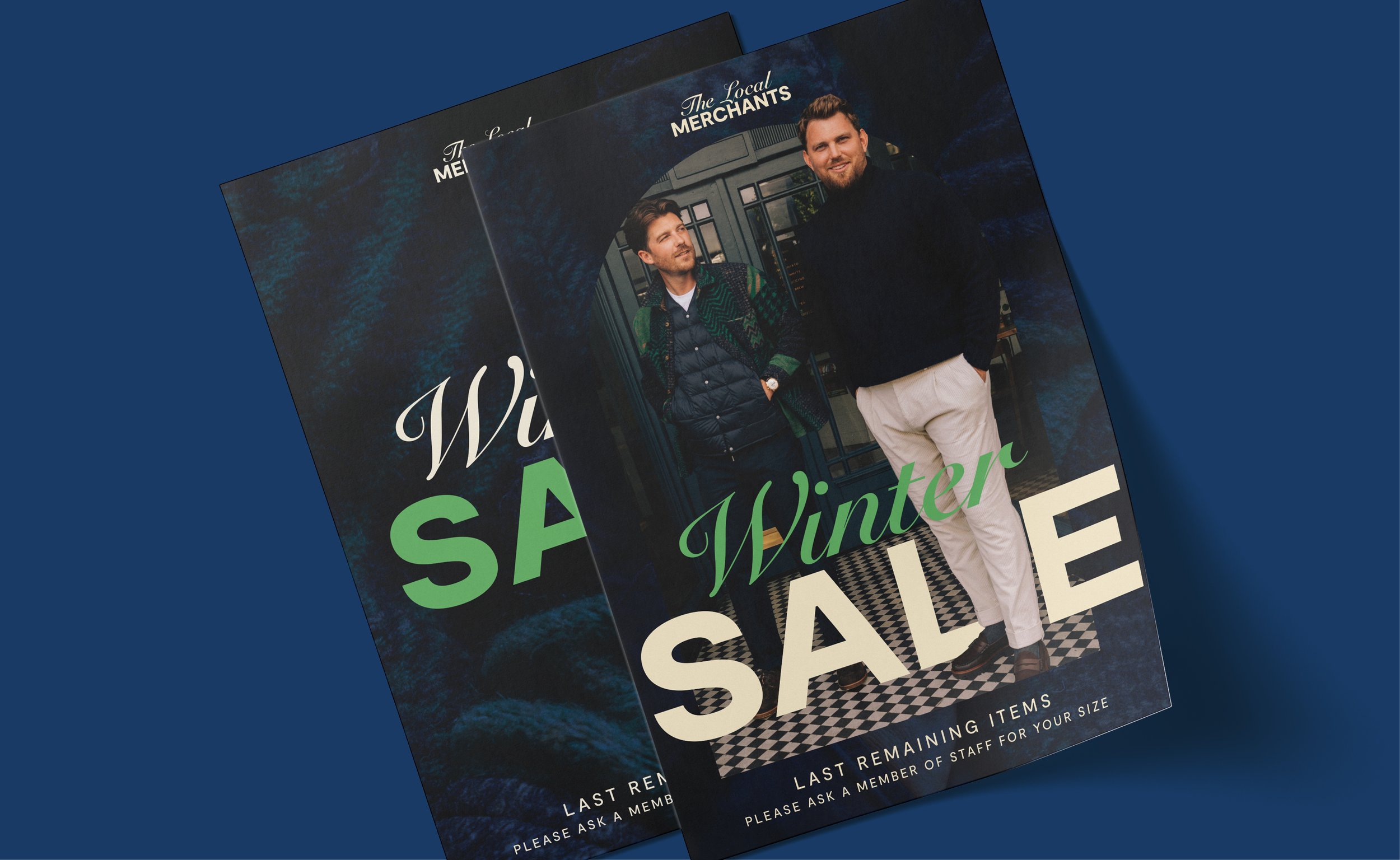 Promotional flyer for "Winter Sale" featuring two men standing in front of a store entrance, wearing winter clothing. Text includes "The Local Merchants" and "Last remaining items, please ask a member of staff for your size."