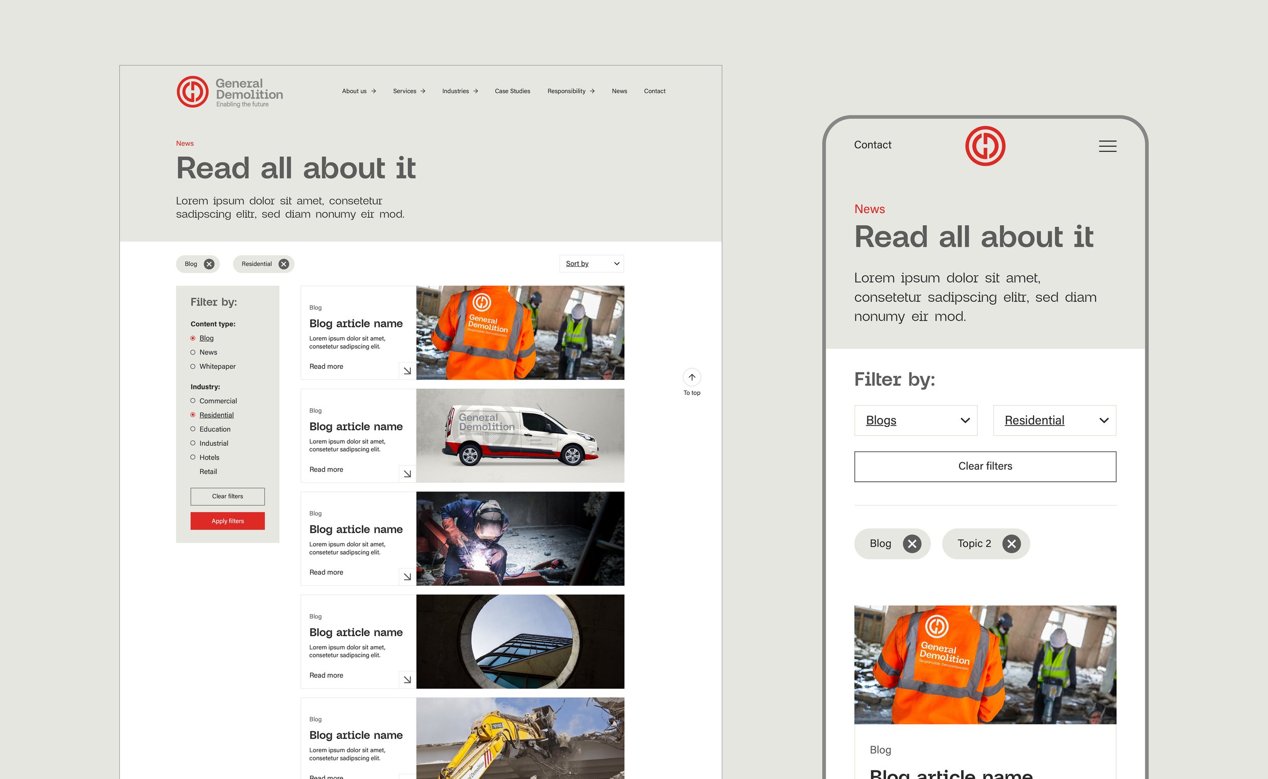 Website layout for General Demolition featuring blog articles with options to filter content by type and industry. Includes images of construction and demolition activities. Mobile and desktop views shown.