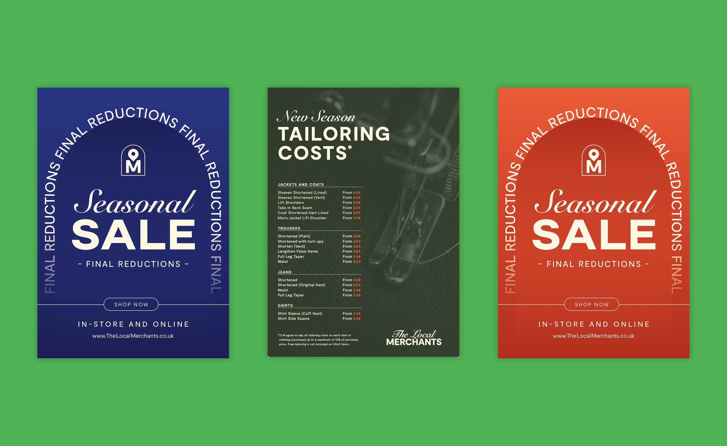 Promotional flyers for 'The Local Merchants' seasonal sale and tailoring services. The left and right flyers announce a "Seasonal Sale" with "Final Reductions" in large text, available in-store and online. The middle flyer lists tailoring costs for j
