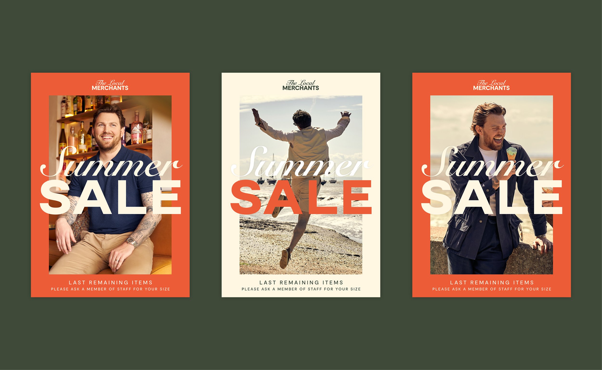 Three promotional posters for a summer sale from 'The Local Merchants,' featuring images of people and text highlighting last remaining items.