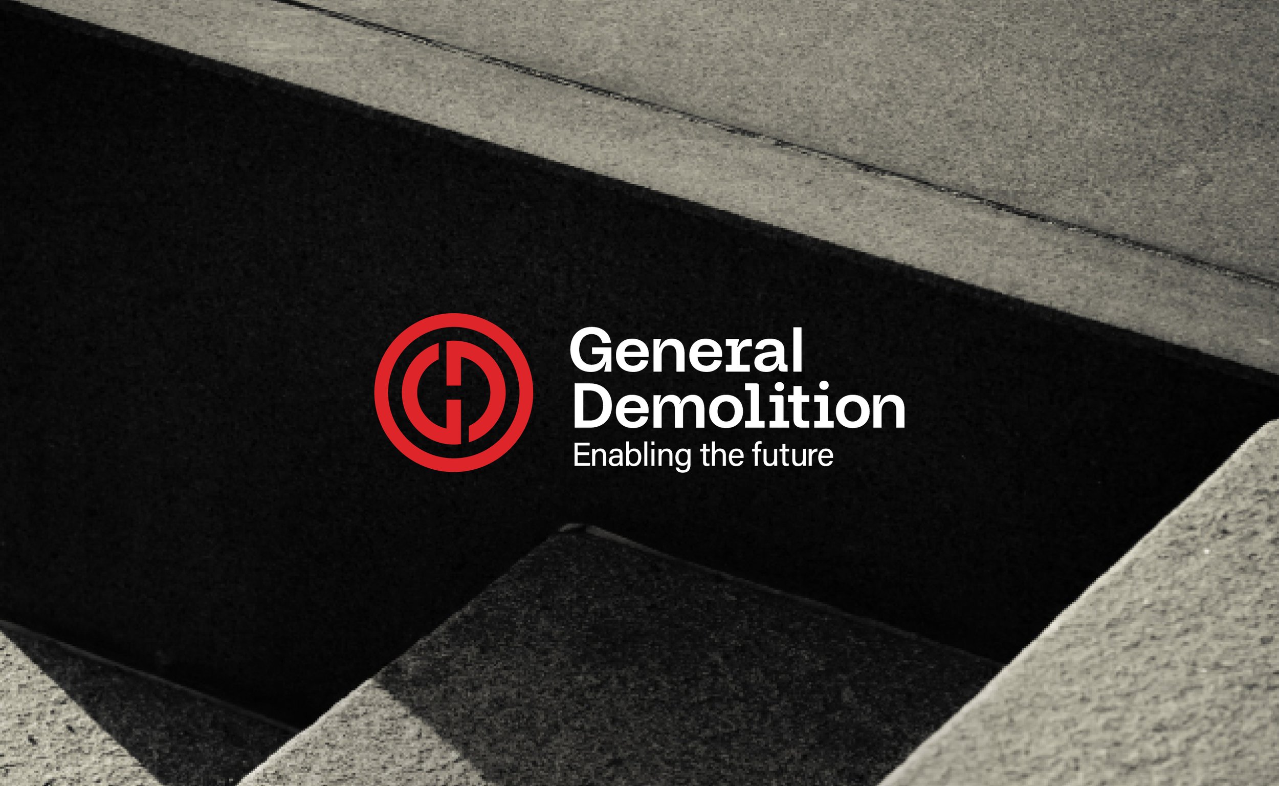 Abstract concrete structure with "General Demolition" logo and slogan "Enabling the future."