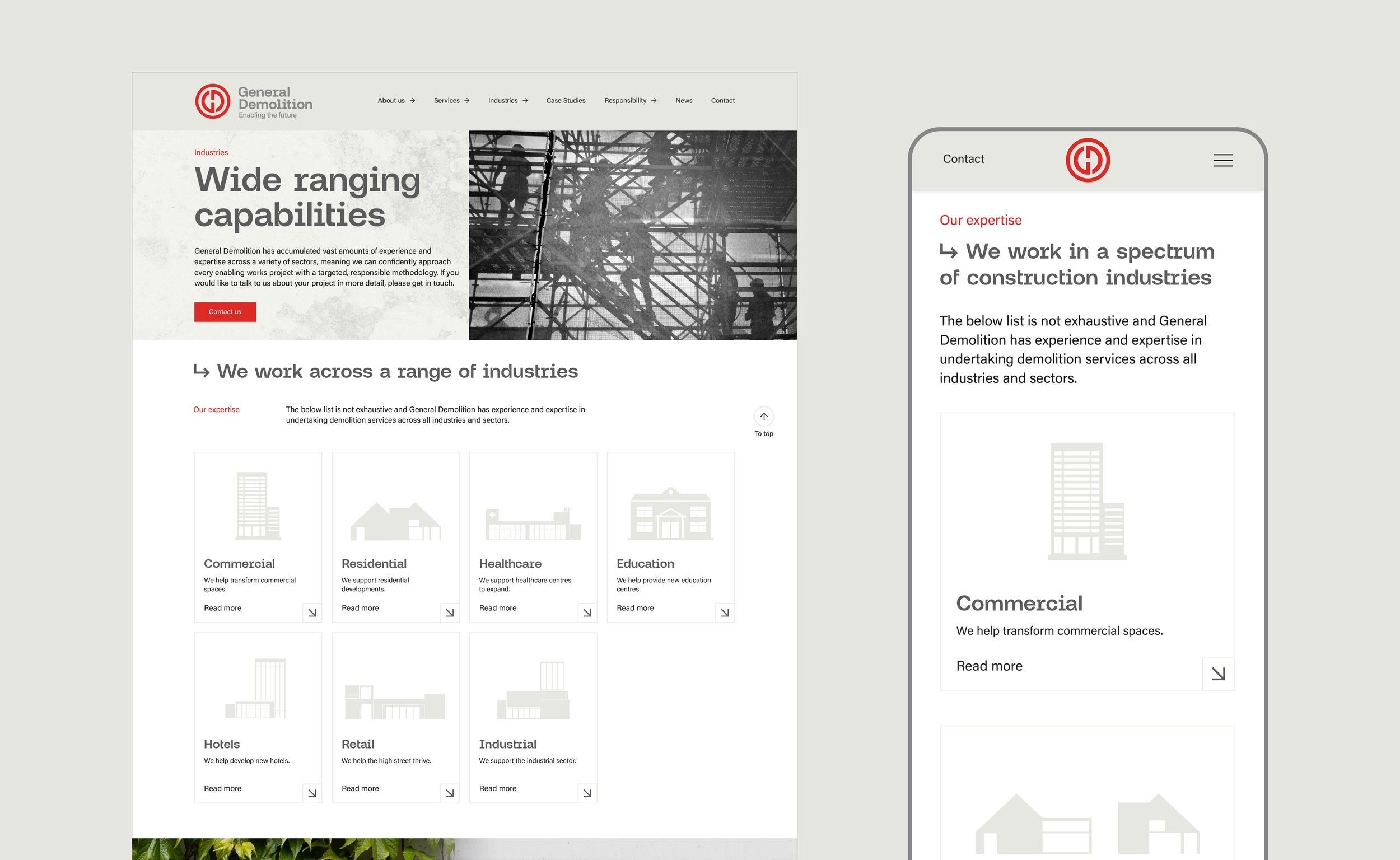 General Demolition website layout showing services and industries, with categories like Commercial, Residential, Healthcare, and Education. Features navigation menu and contact information.