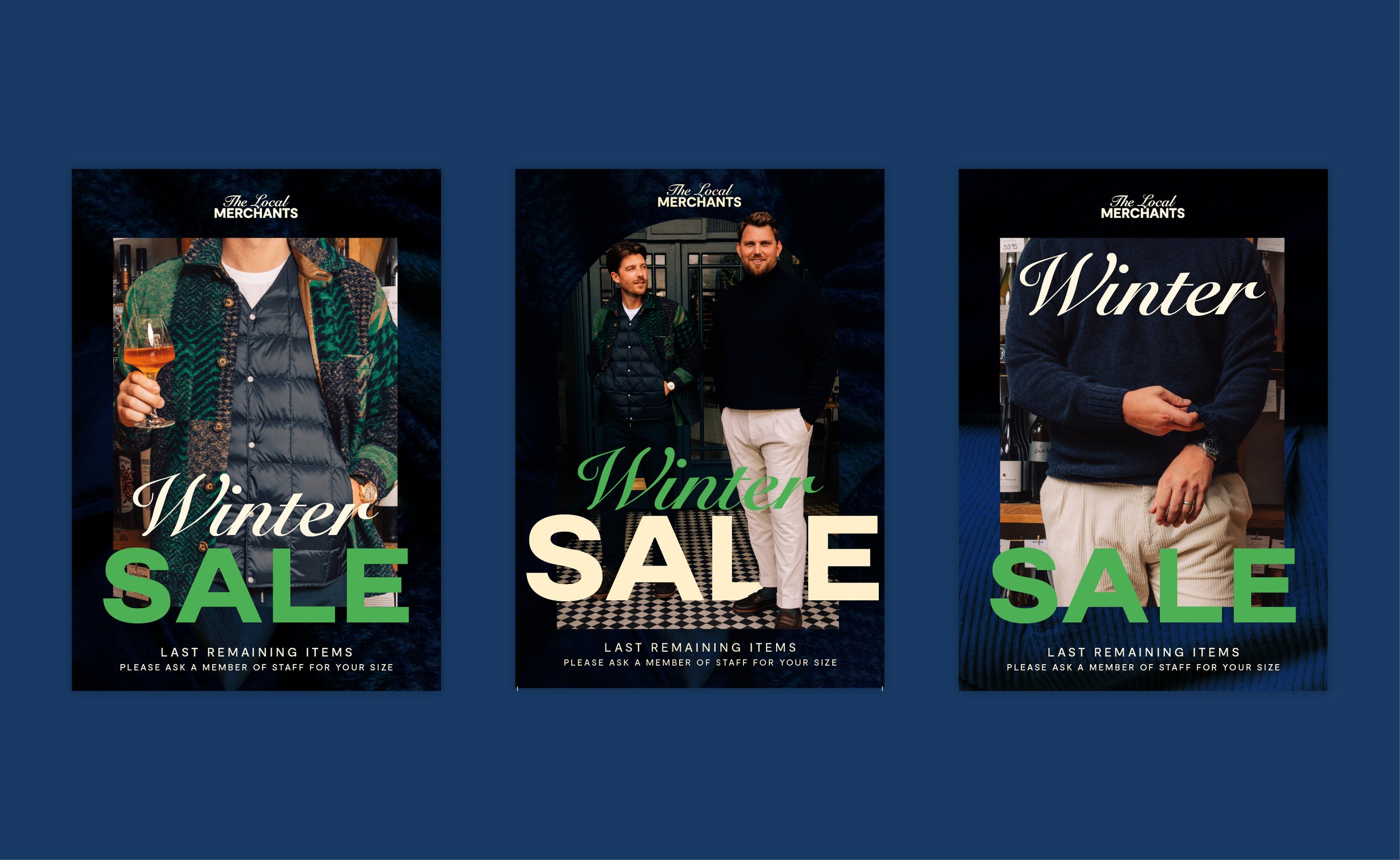 Three posters advertising a winter sale by 'The Local Merchants,' featuring images of men in winter clothing, text stating 'Winter Sale.'