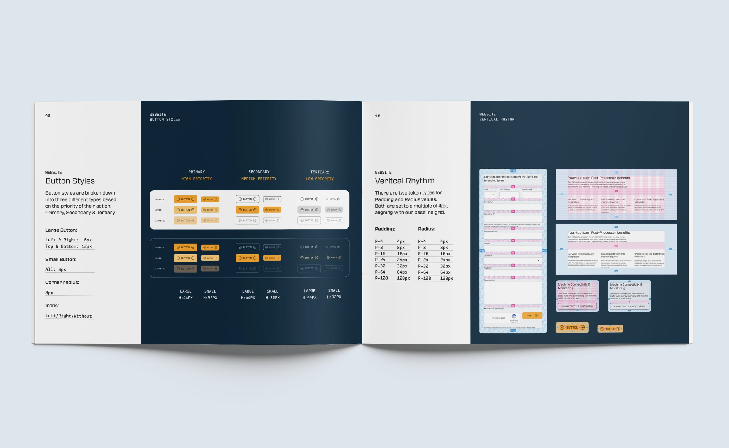 An open design guide showcasing website button styles and vertical rhythm. The left page details button styles, sizes, and priorities, with a chart of primary, secondary, and tertiary button examples. The right page outlines vertical rhythm specifica