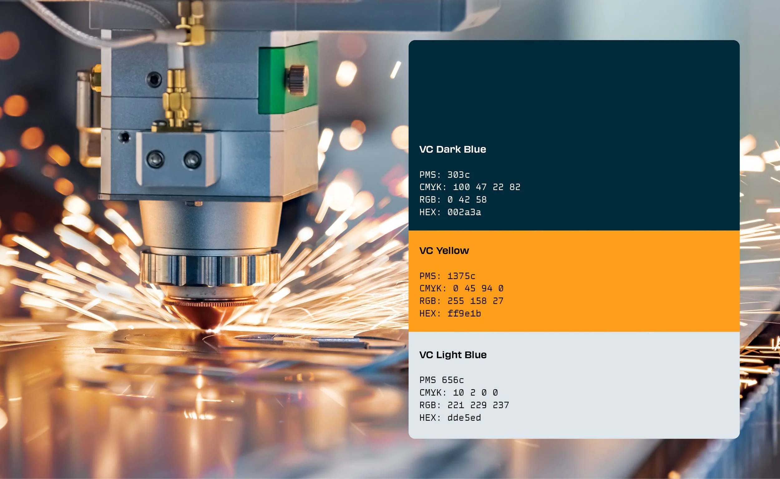 Close-up of a laser cutting machine with sparks flying, alongside a color palette showing dark blue, yellow, and light blue swatches with corresponding PMS, CMYK, RGB, and HEX values.