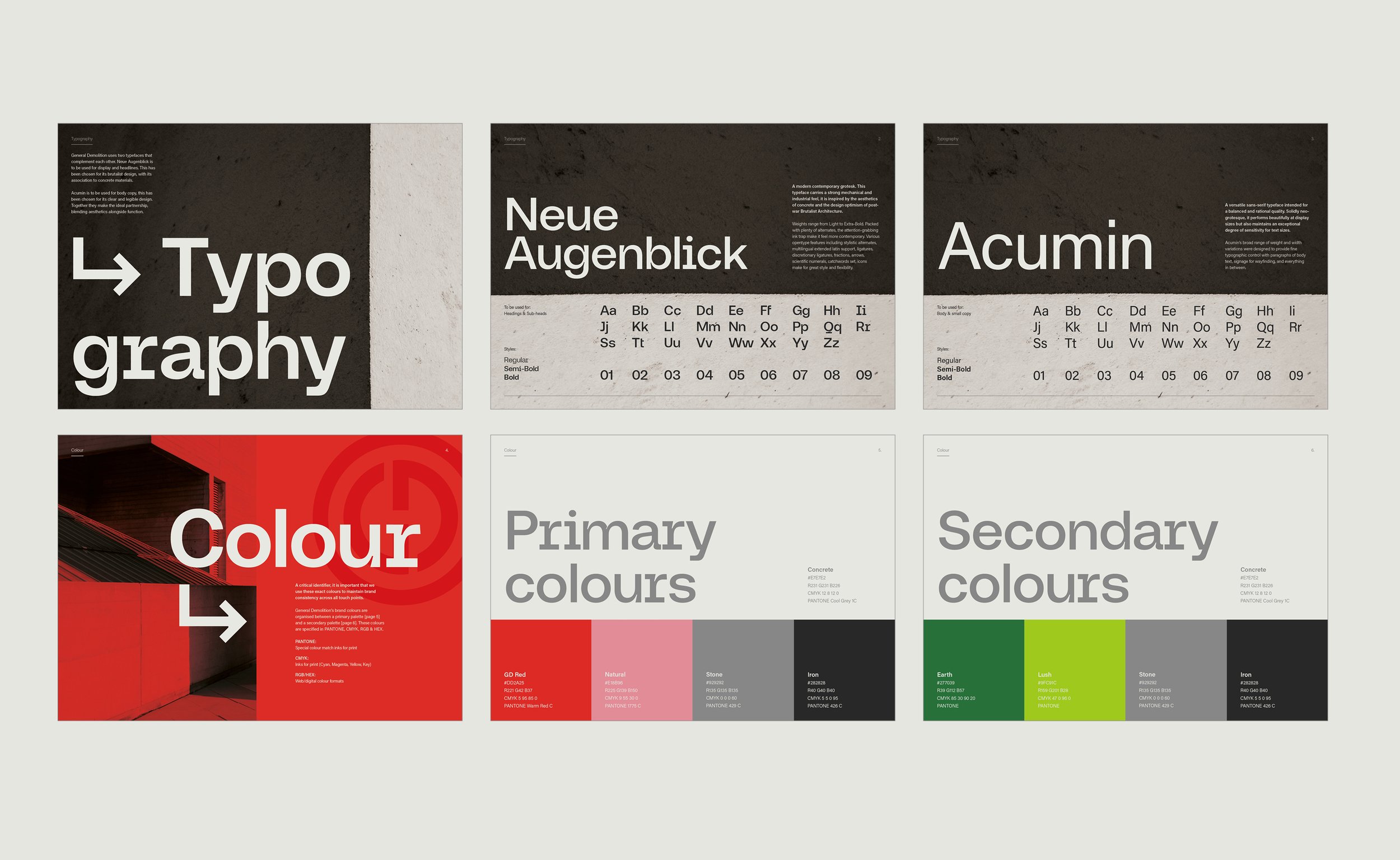 Graphic design layout showcasing typography and color schemes. Top row features dark backgrounds with text: "Typography," "Neue Augenblick" with alphabet and numerals, and "Acumin" with similar elements. Bottom row highlights colors: "Colour" on red