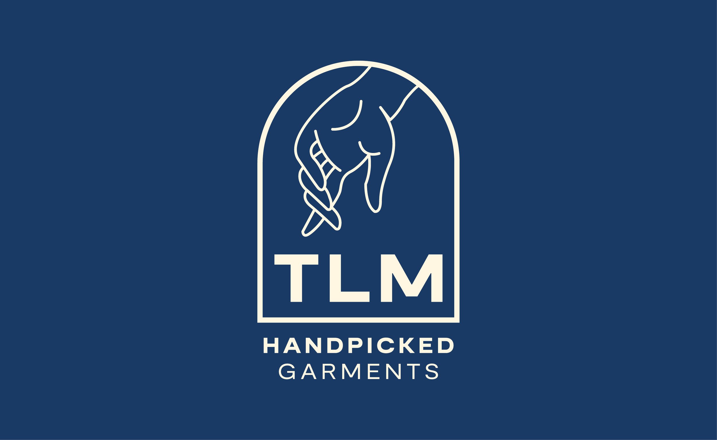 Logo with a hand holding thread above the text "TLM Handpicked Garments," on a blue background.