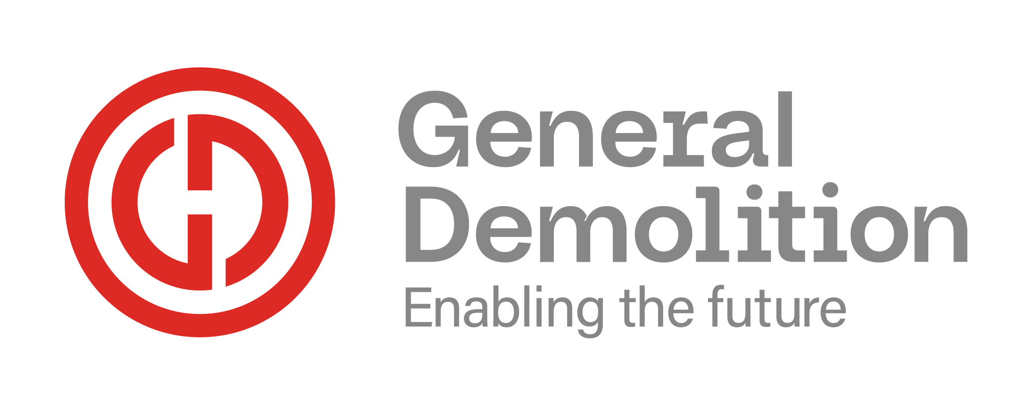 Logo of General Demolition featuring a red circular symbol and the slogan "Enabling the Future."