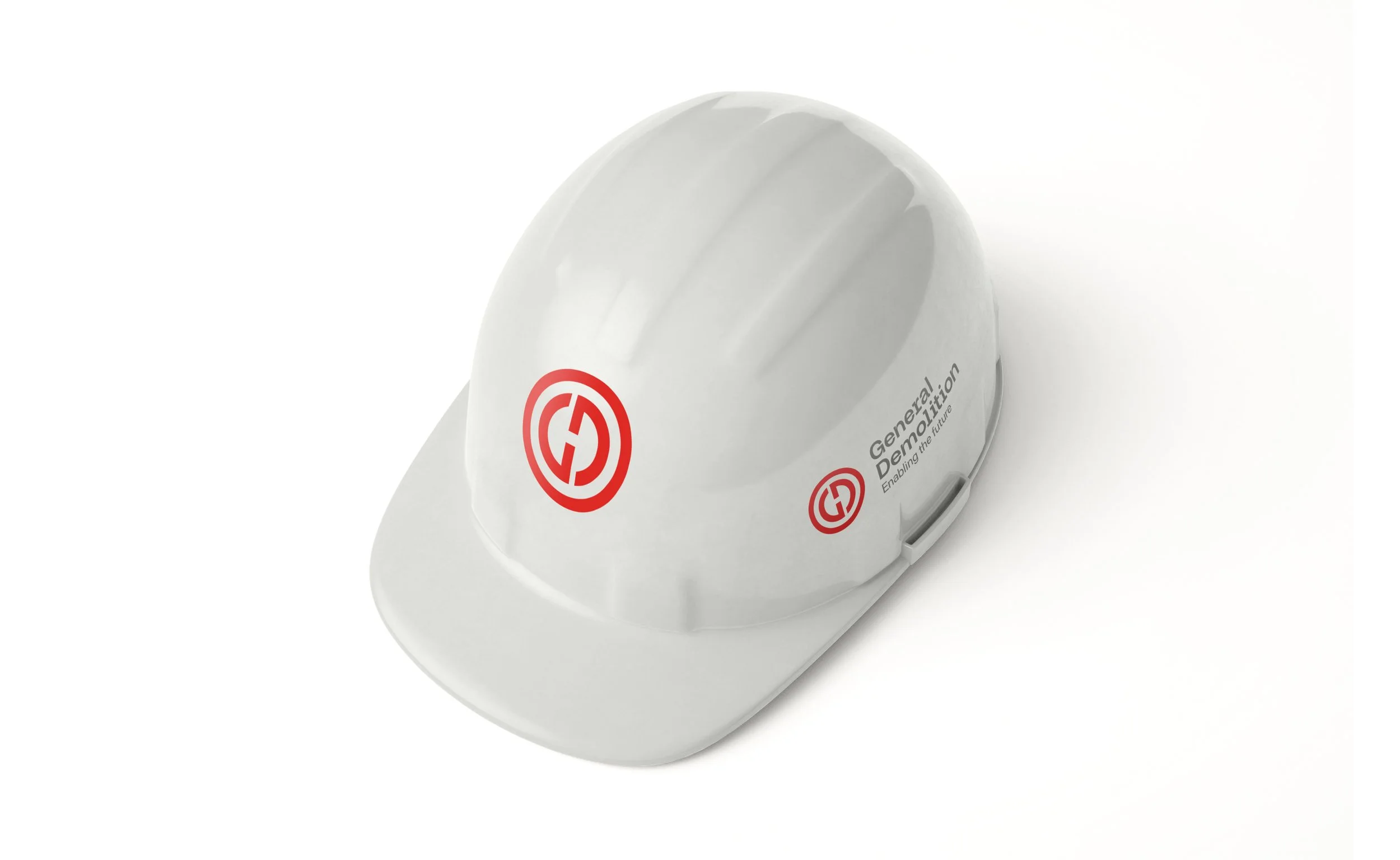 White construction hard hat with "General Demolition" logo and text in red.