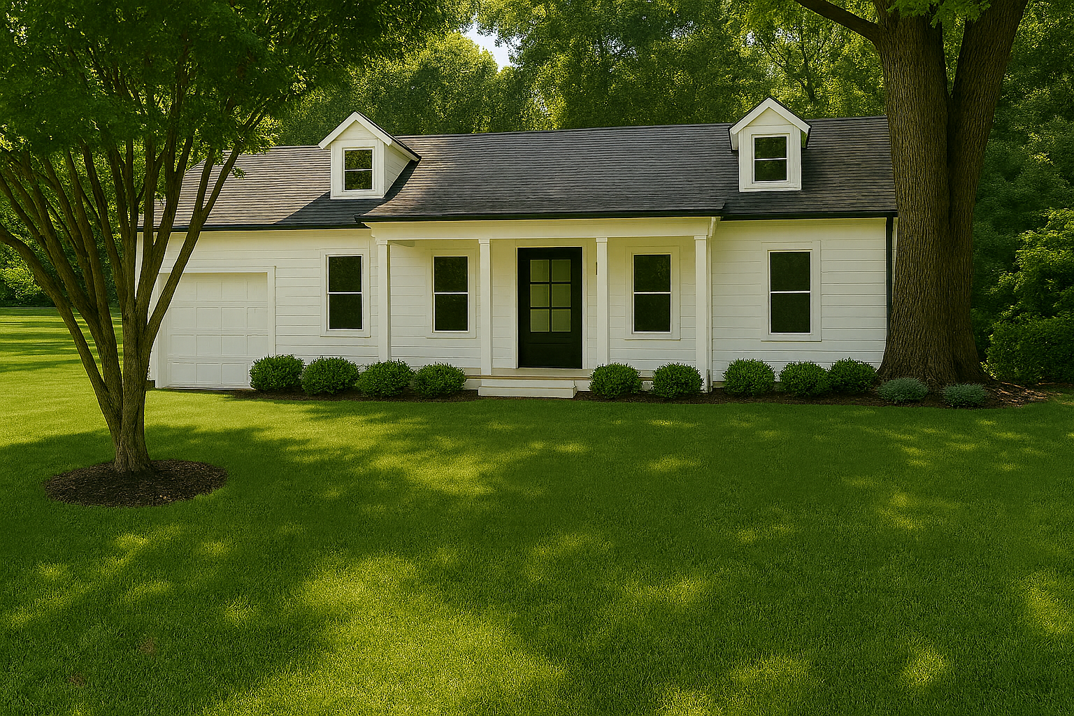 White house with black door and roof, surrounded by green grass and bushes, with large trees in the background.