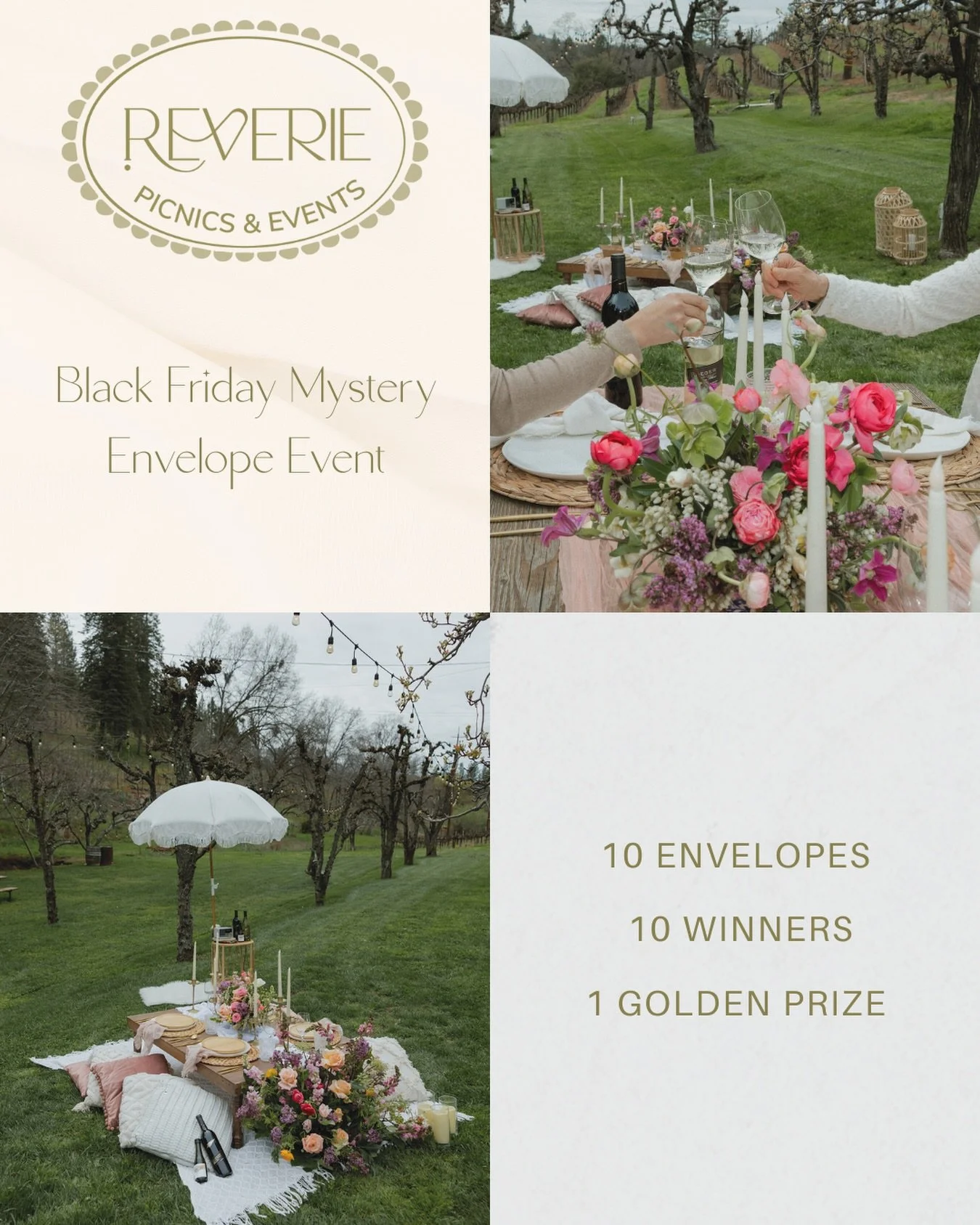 ✨A Reverie Black Friday Giveaway✨
It&rsquo;s here&hellip; The Reverie Mystery Envelopes 💌
10 envelopes. 10 winners. One golden prize. 

Every envelope holds a real prize! From gift cards, to 50% off specialty packages, to free picnics, and ONE golde