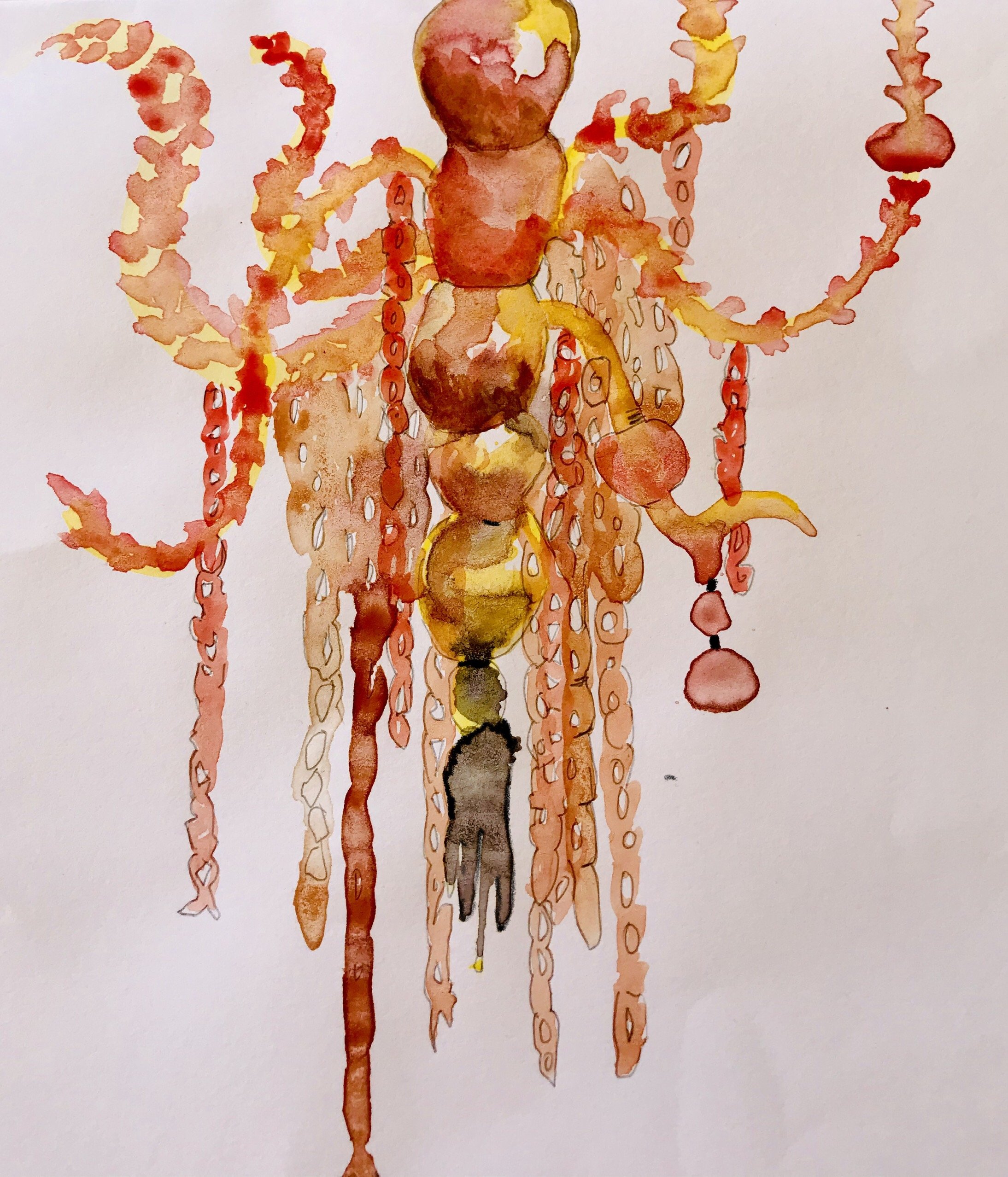 Watercolor painting of a hanging abacus with large, round beads in shades of brown, red, yellow, and black, with long strings and some beads with oval patterns.