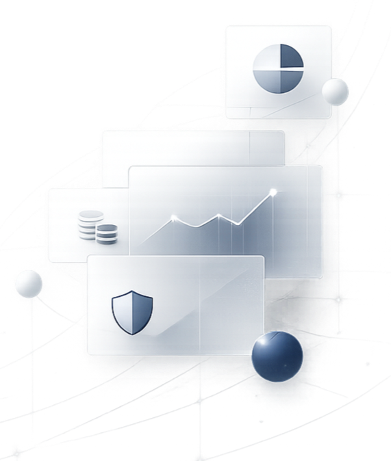 A digital illustration featuring various security and data analytics icons, including a shield, a graph, a pie chart, and coins, representing cybersecurity and data security concepts.