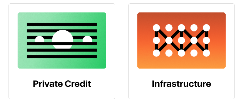 Two labels with icons; the first labeled 'Private Credit' features a green background with a white circle and several black lines, the second labeled 'Infrastructure' has an orange background with a network of white dots connected by black lines.