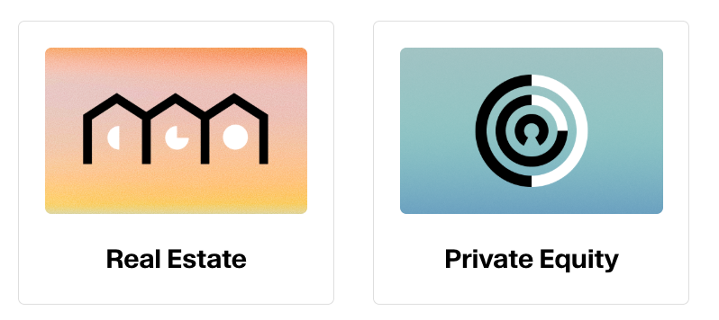 Two icons representing different financial sectors: the first icon for Real Estate showing three houses, and the second icon for Private Equity with a target-like design. Labels underneath read 'Real Estate' and 'Private Equity.'