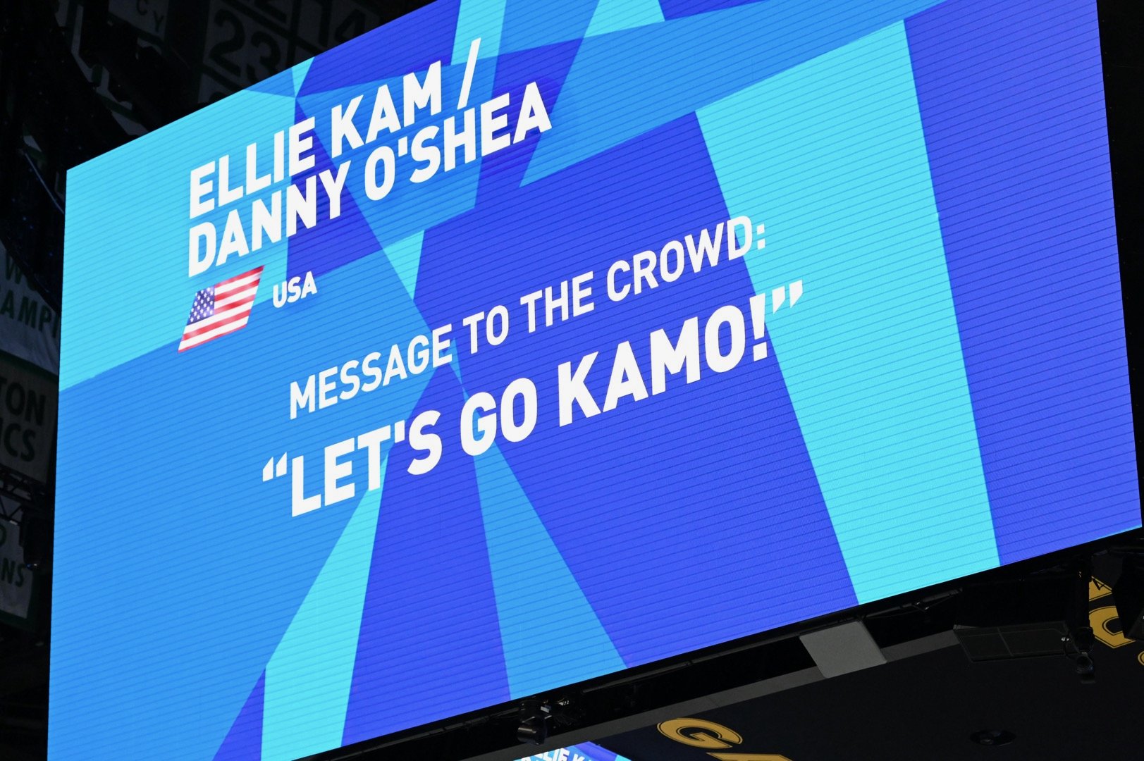 "Let's Go KamO!" reads the jumbotron tv at TD Garden for Boston World 2025
