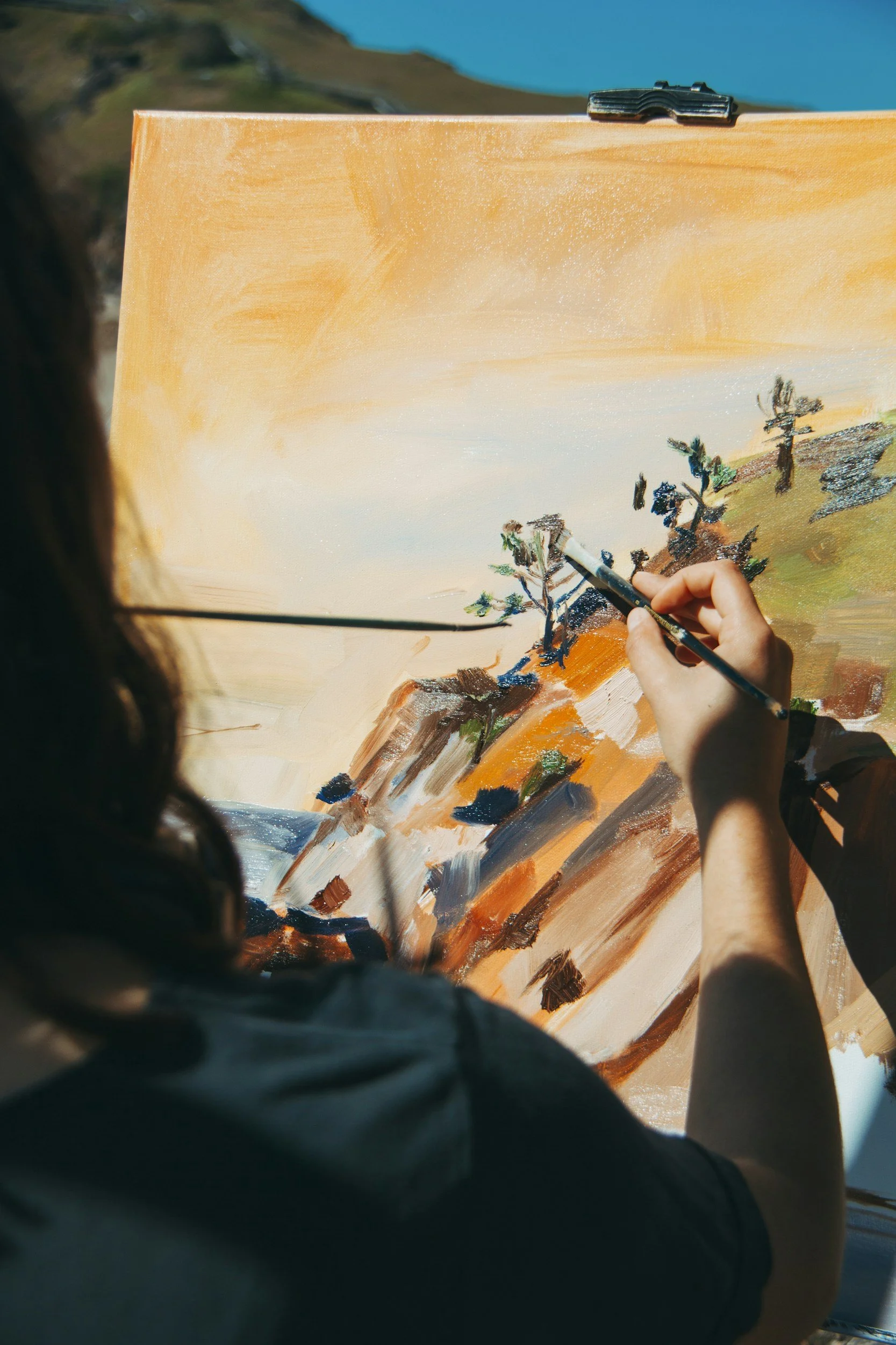 Person painting a landscape scene on a canvas outdoors, showing trees on cliffs and a colorful sky.