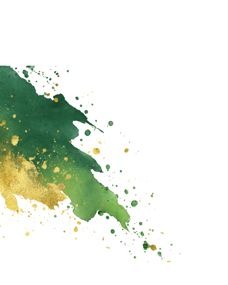 Green and gold watercolor paint splashes on a black background.