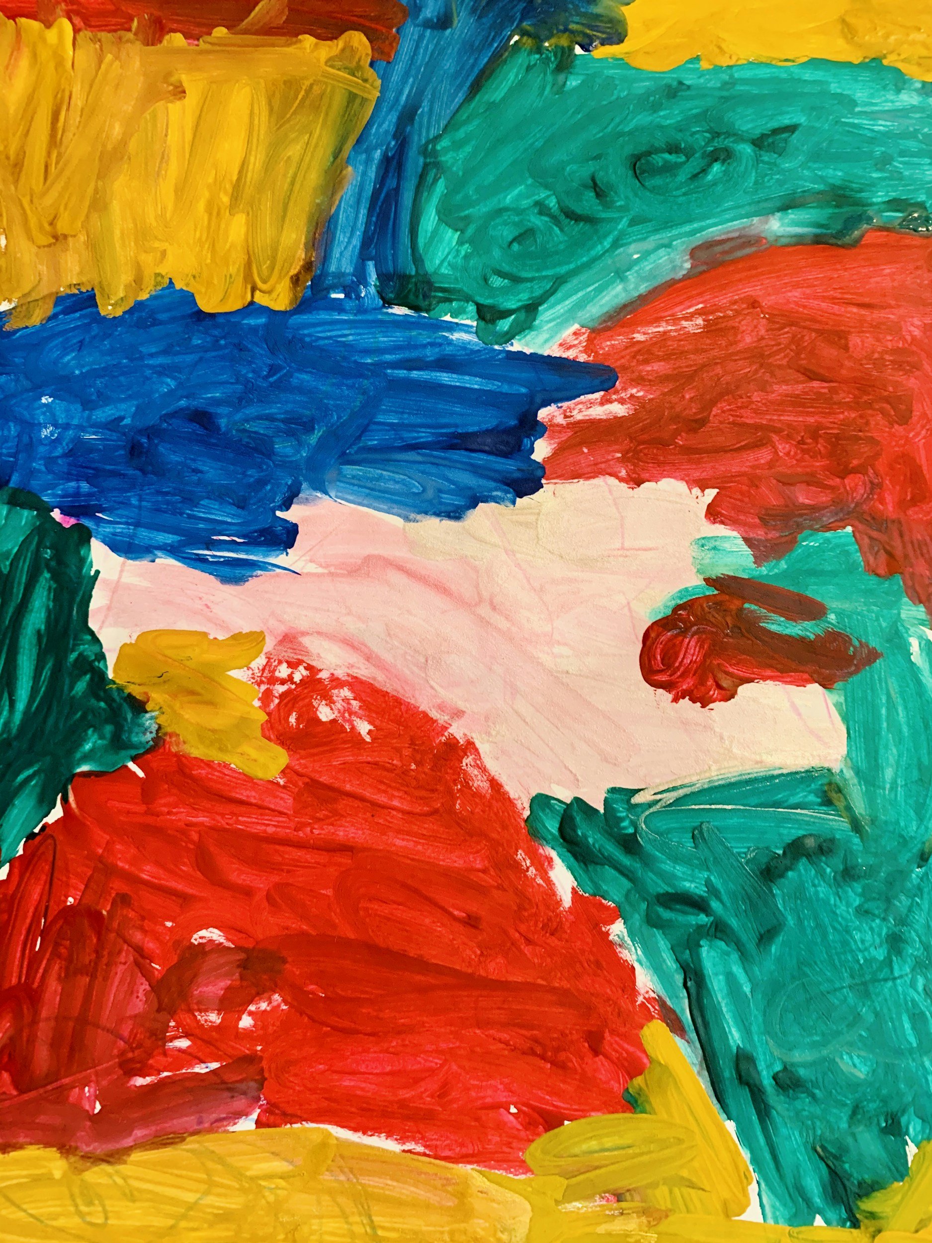 Abstract painting with bold brushstrokes in yellow, red, blue, green, and pink colors.