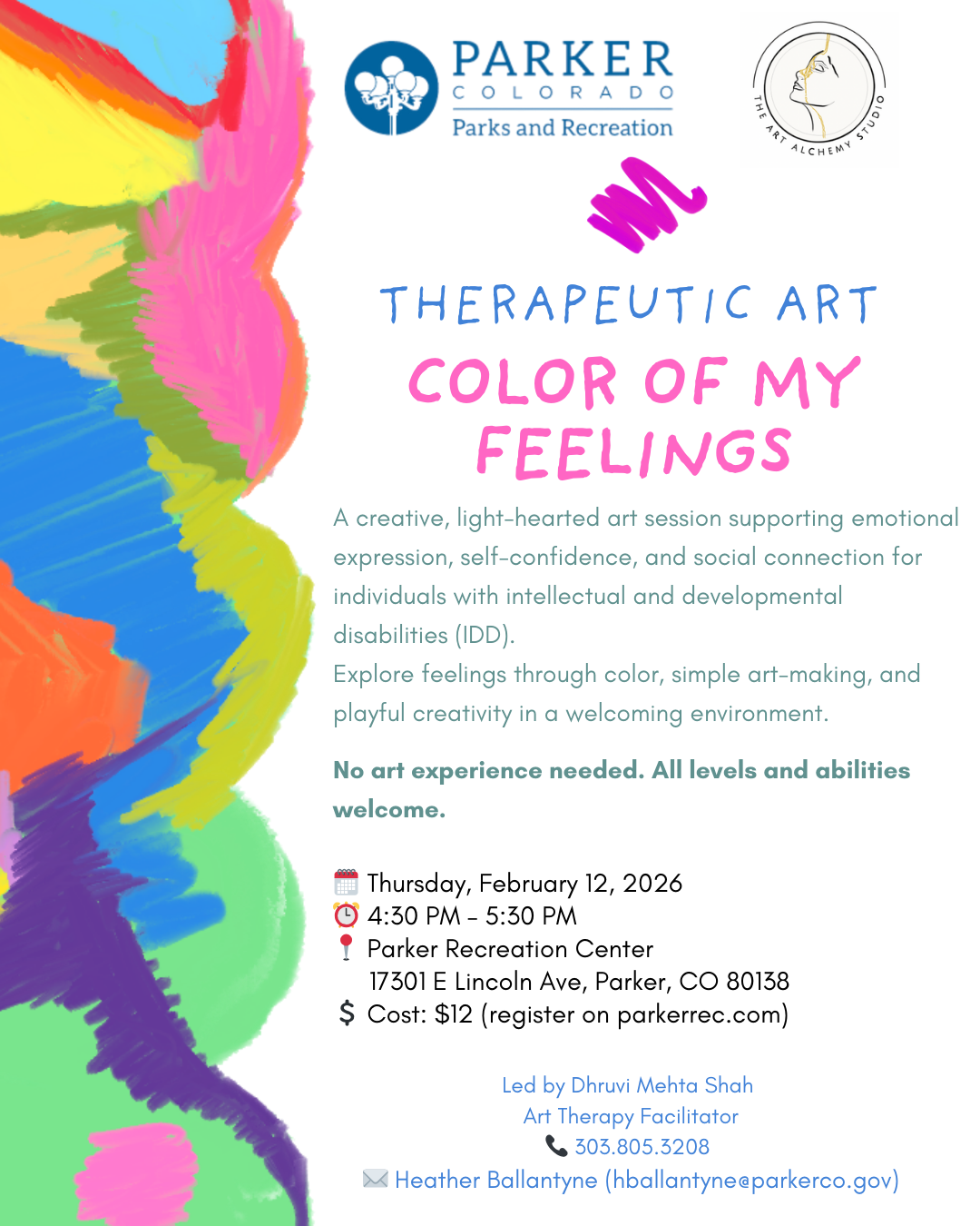 Flyer for a therapeutic art session titled 'Color of My Feelings' with colorful abstract background on the left and event details on the right, including date, time, location, cost, and contact information.