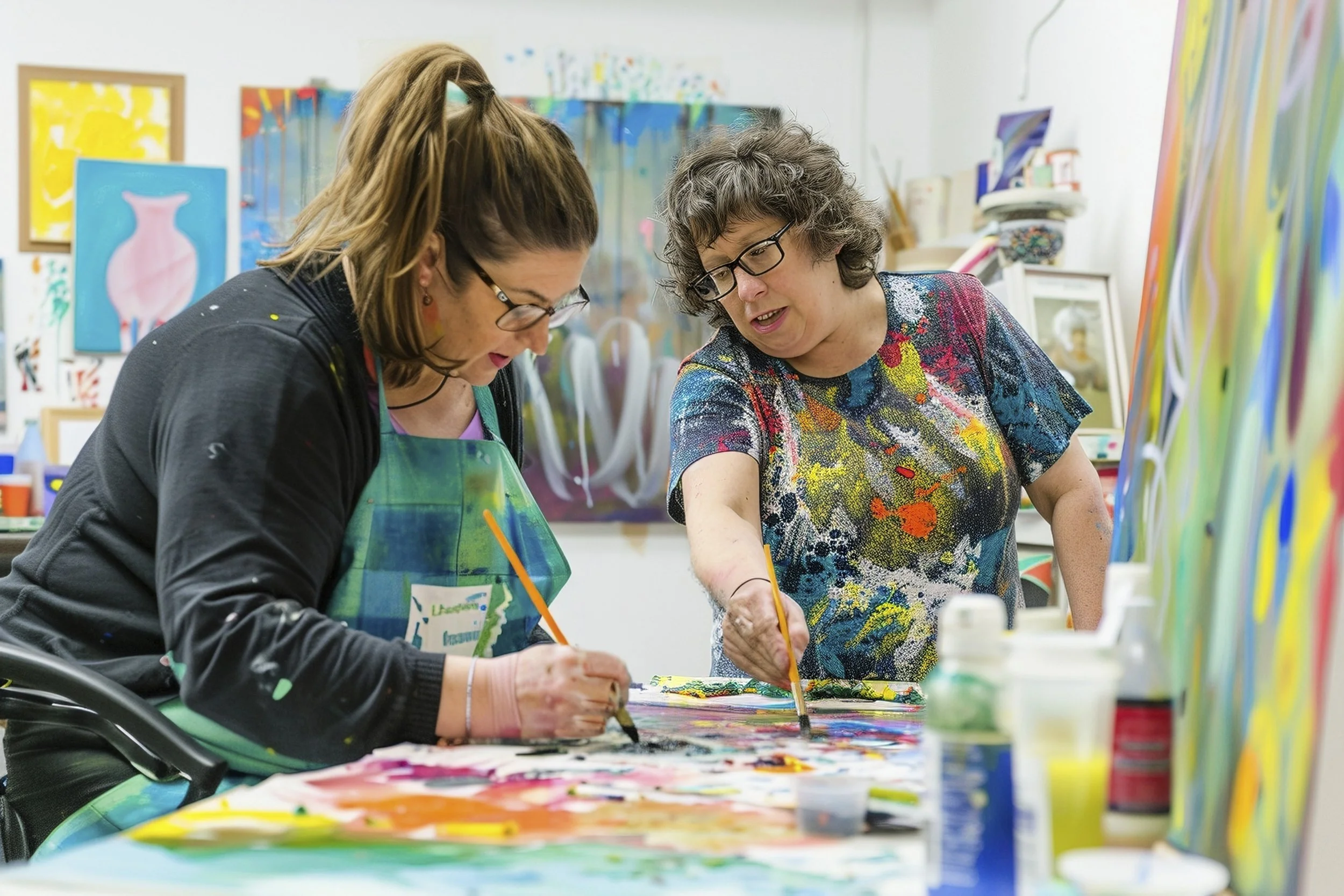 Two women painting abstract art on a large canvas in an art studio.