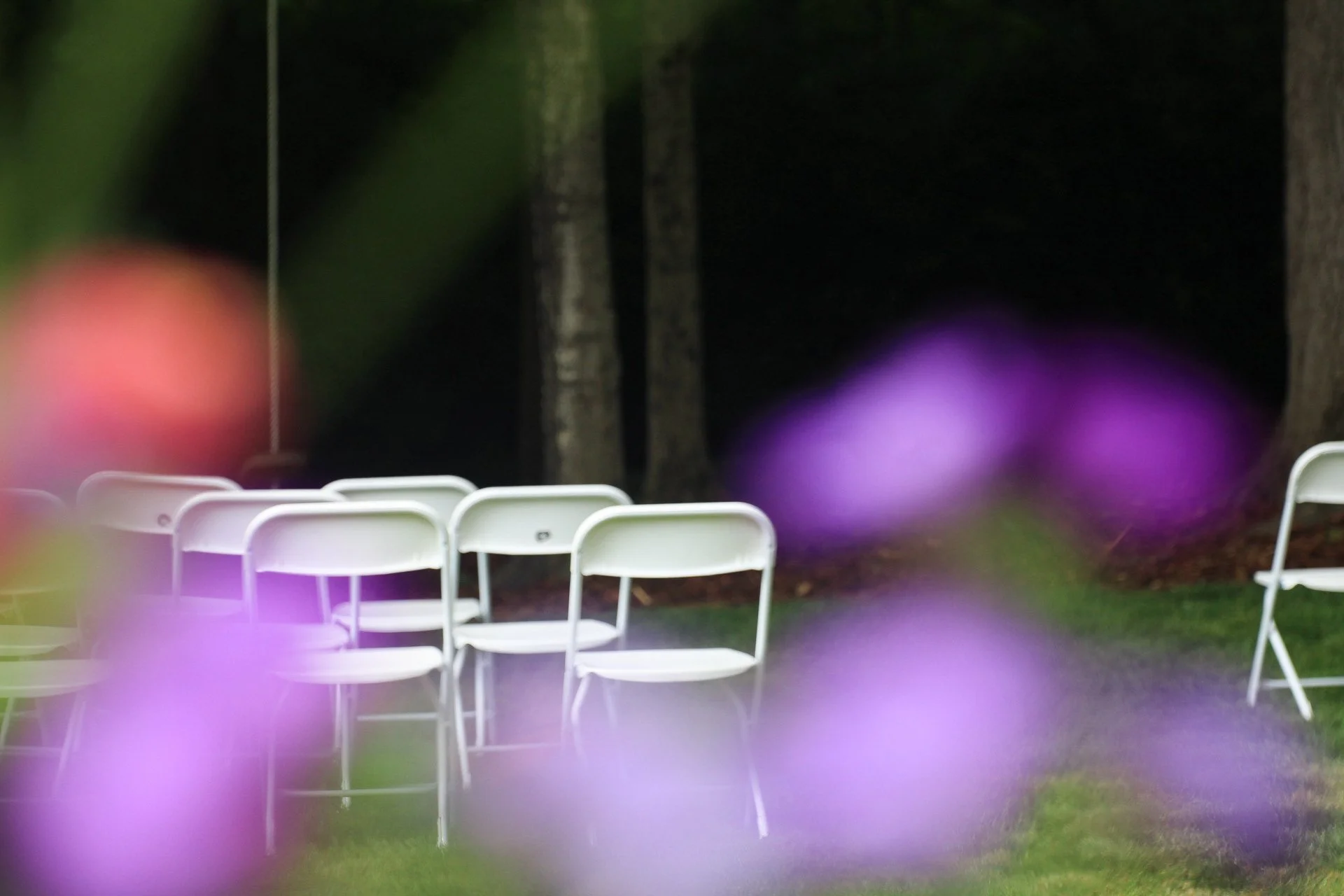 White folding chairs arranged outdoors on green grass, with purple flowers in the foreground and blurred trees in the background.