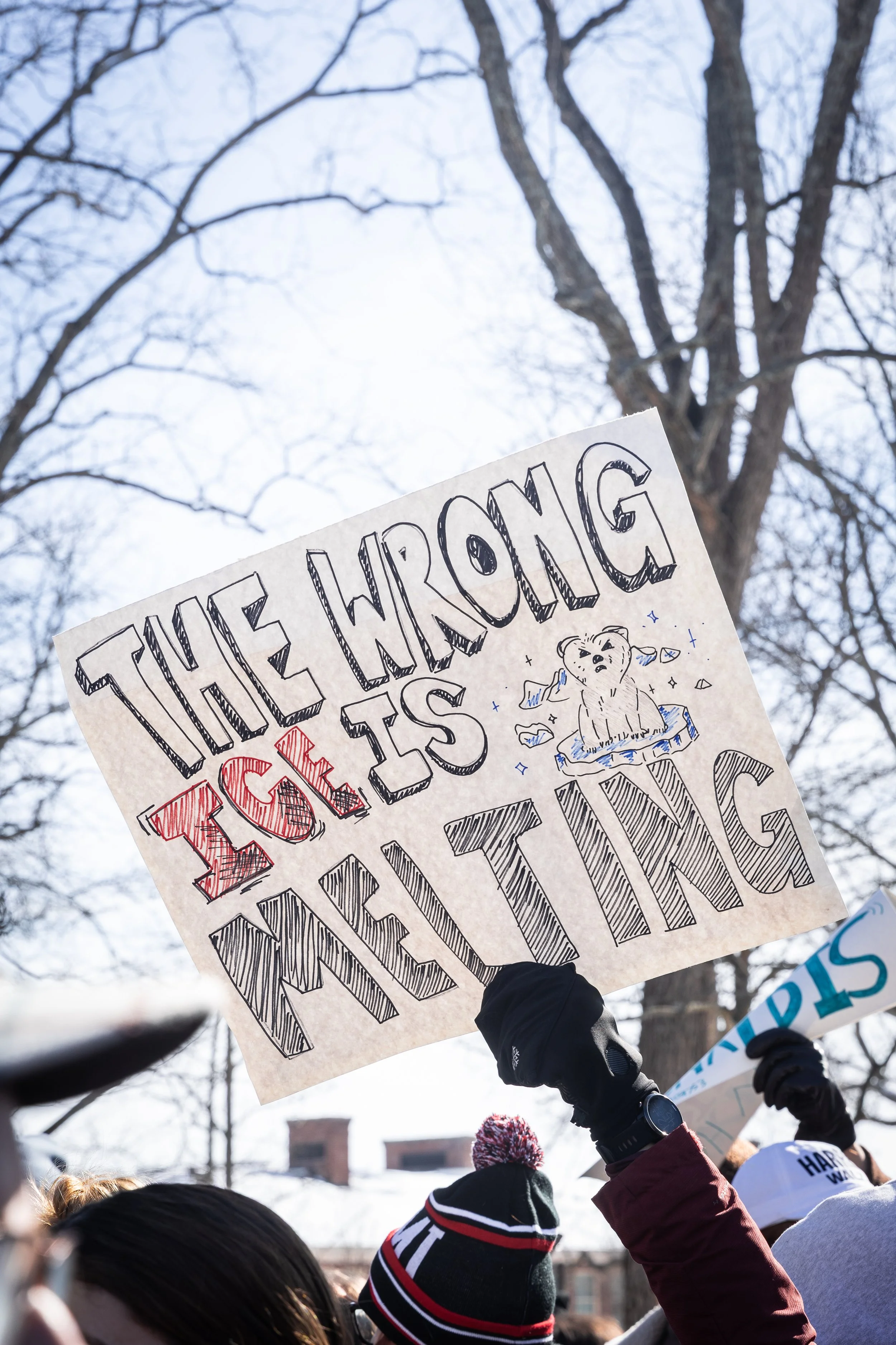 A protest or rally with a sign that reads, 'The wrong to fight is threatening,' held by a person wearing black gloves. The sign features a drawing of a sleeping bear surrounded by stars, with a clear, leafless tree and a building in the background on
