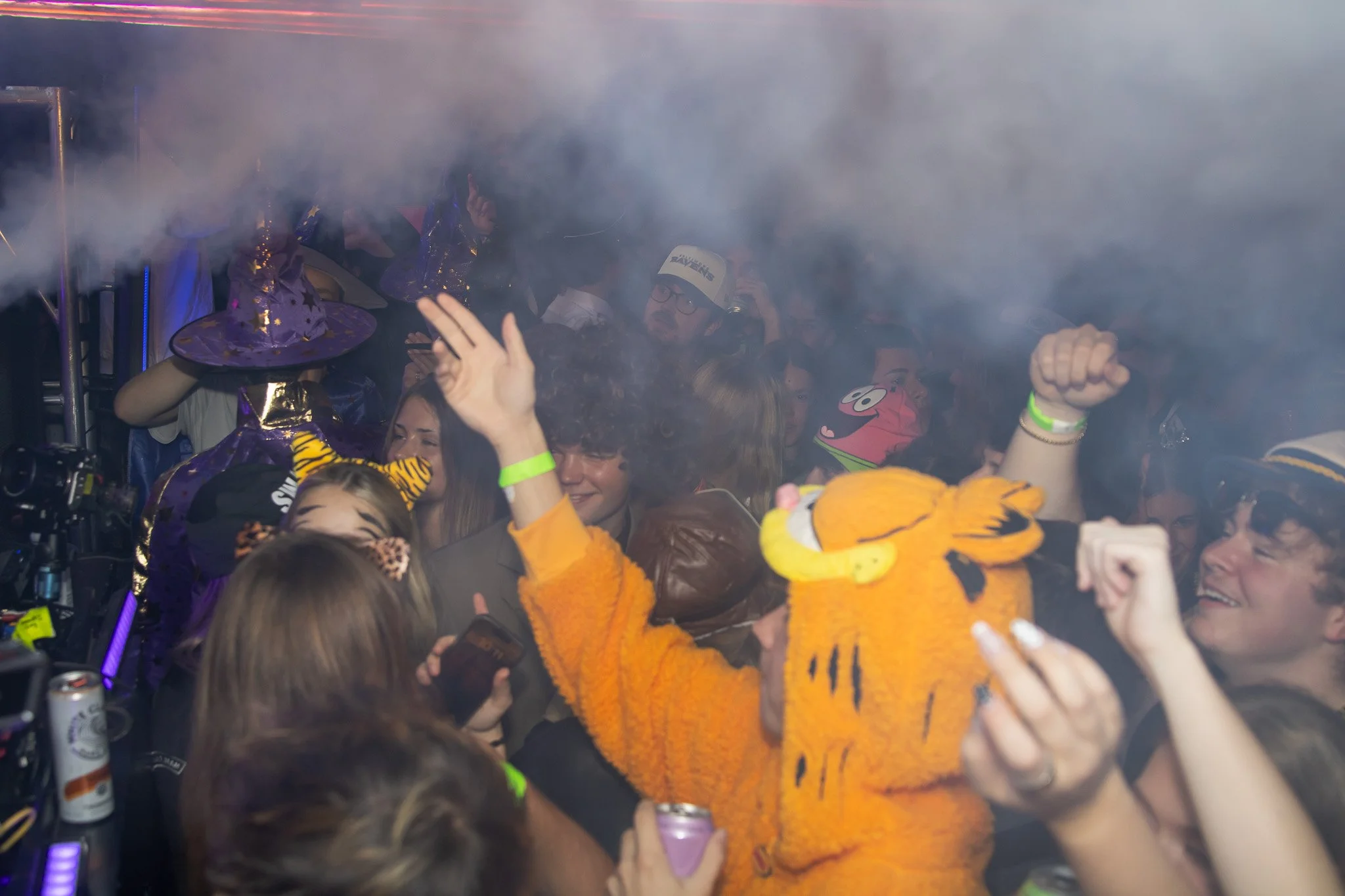 Crowd of people celebrating at a party with smoke, costumes, and props, including a person in a Garfield costume and someone wearing a tiger-striped costume and tiger hat.