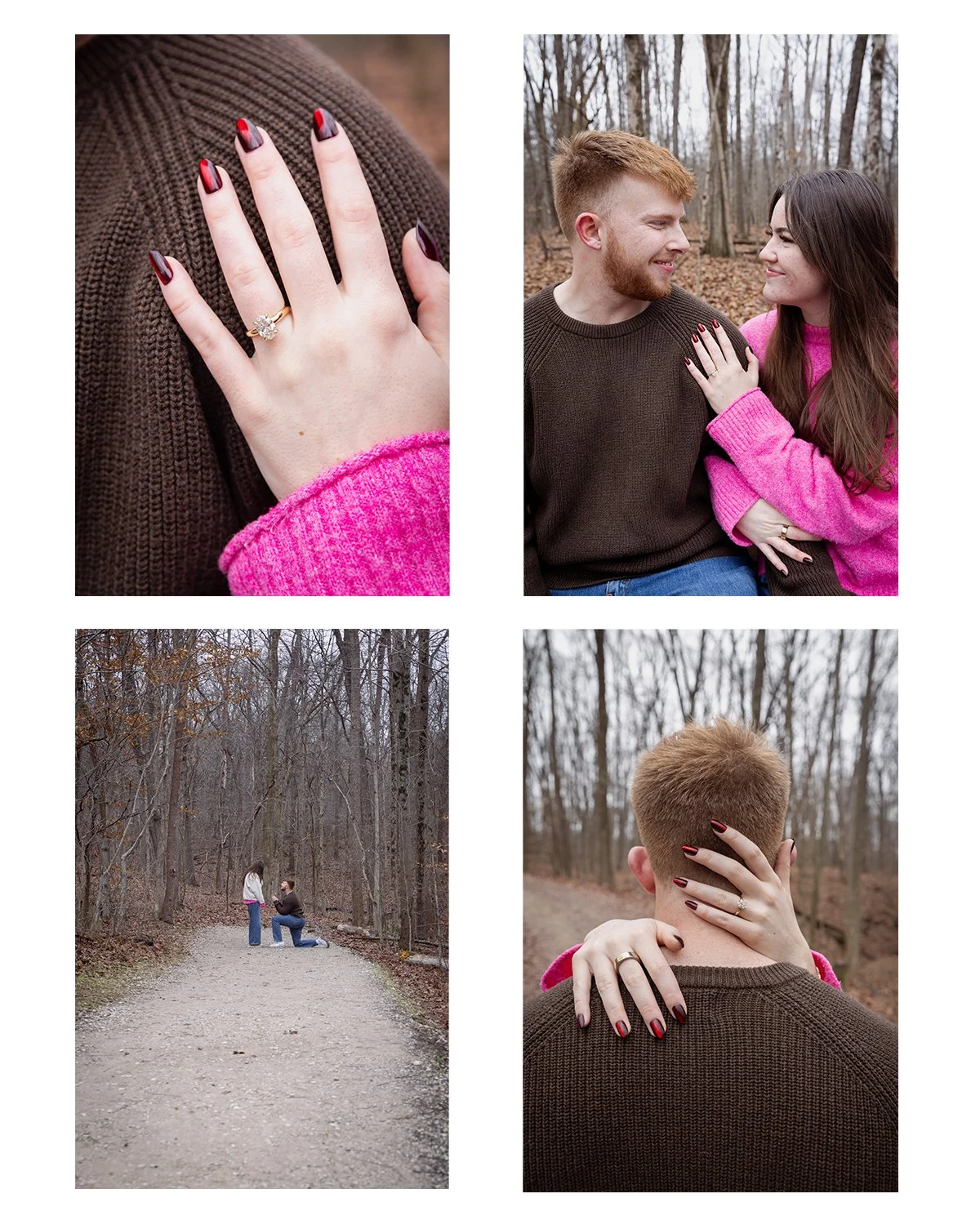A collage of four photos: close-up of a woman's hand with a wedding ring and pink sweater, a couple sitting on a wooded trail showing affection, a couple standing on a wooded trail with one kneeling, and the back of a person's head with a woman’s hand on their shoulder. The scene is in a forest during fall or winter with mostly bare trees.